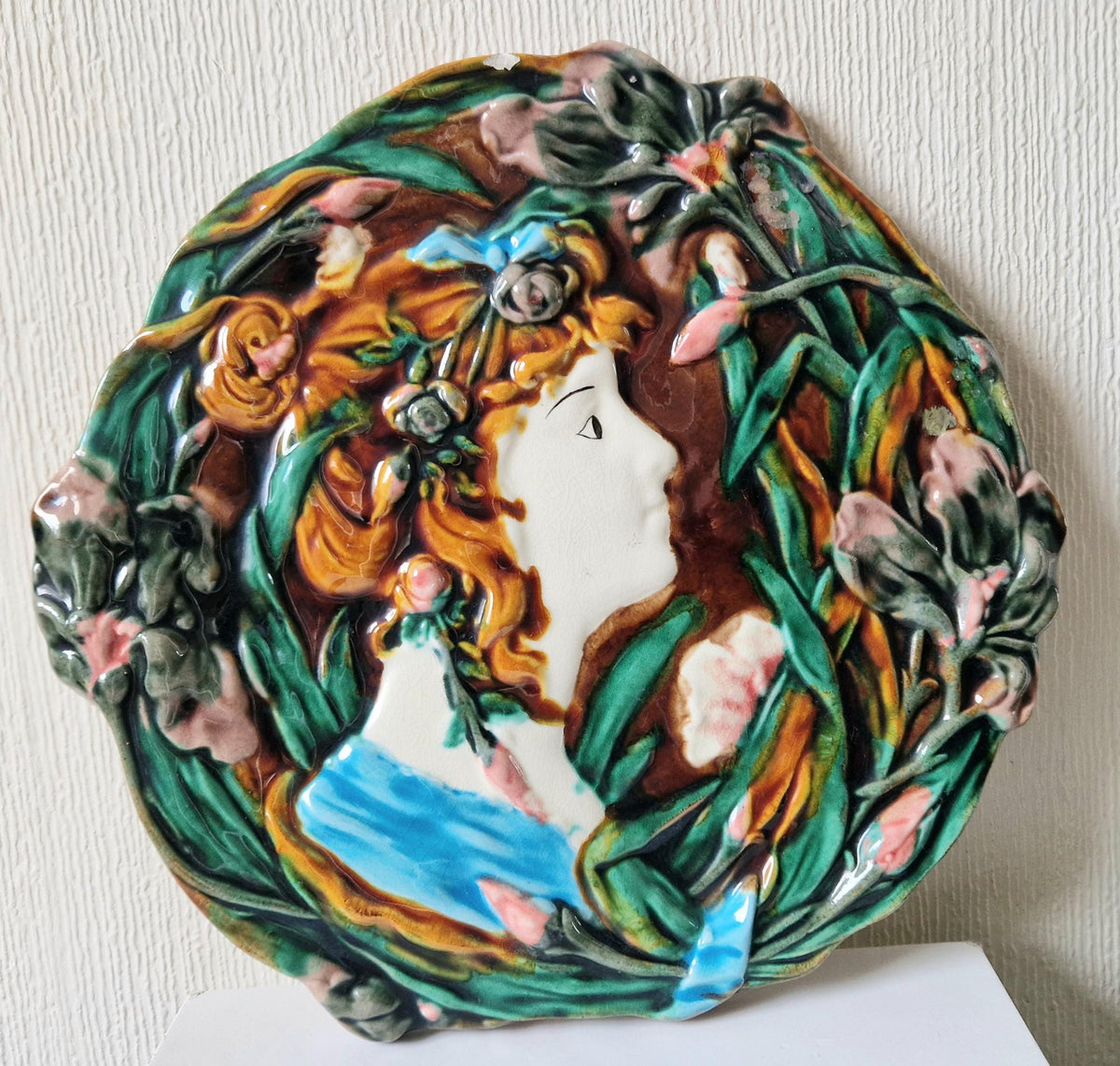 Antique Majolica Floral Blue Dress Lady Art Nouveau Handpainted Ceramic Wall Plaque Roundel