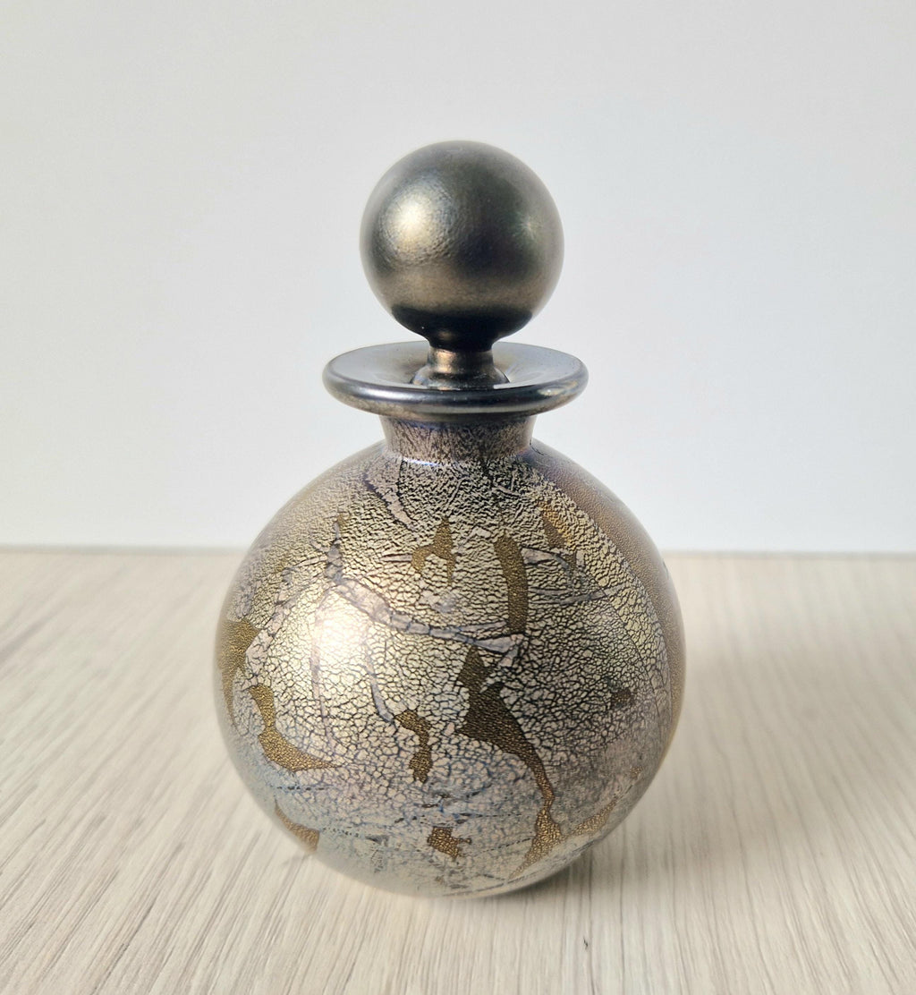 Isle of Wight Art Glass Perfume Bottle: Black Azurene Iridescent, Michael Harris 1970s England