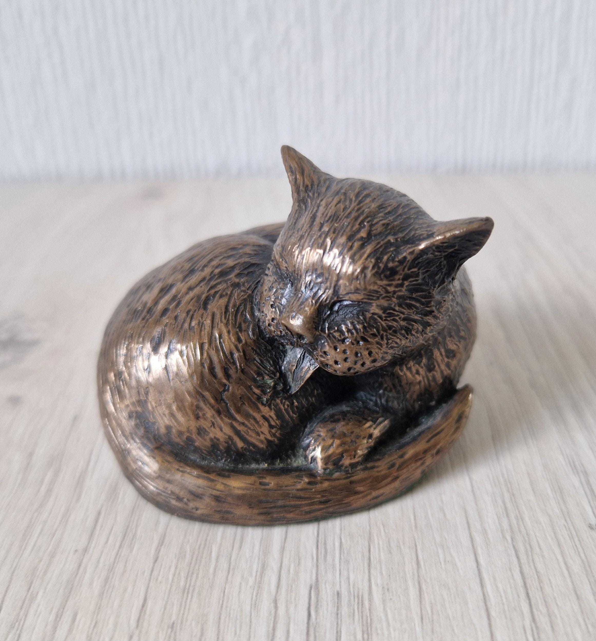 Vintage Cold Cast Bronze Resin Curled Licking Cat Figure Ornament