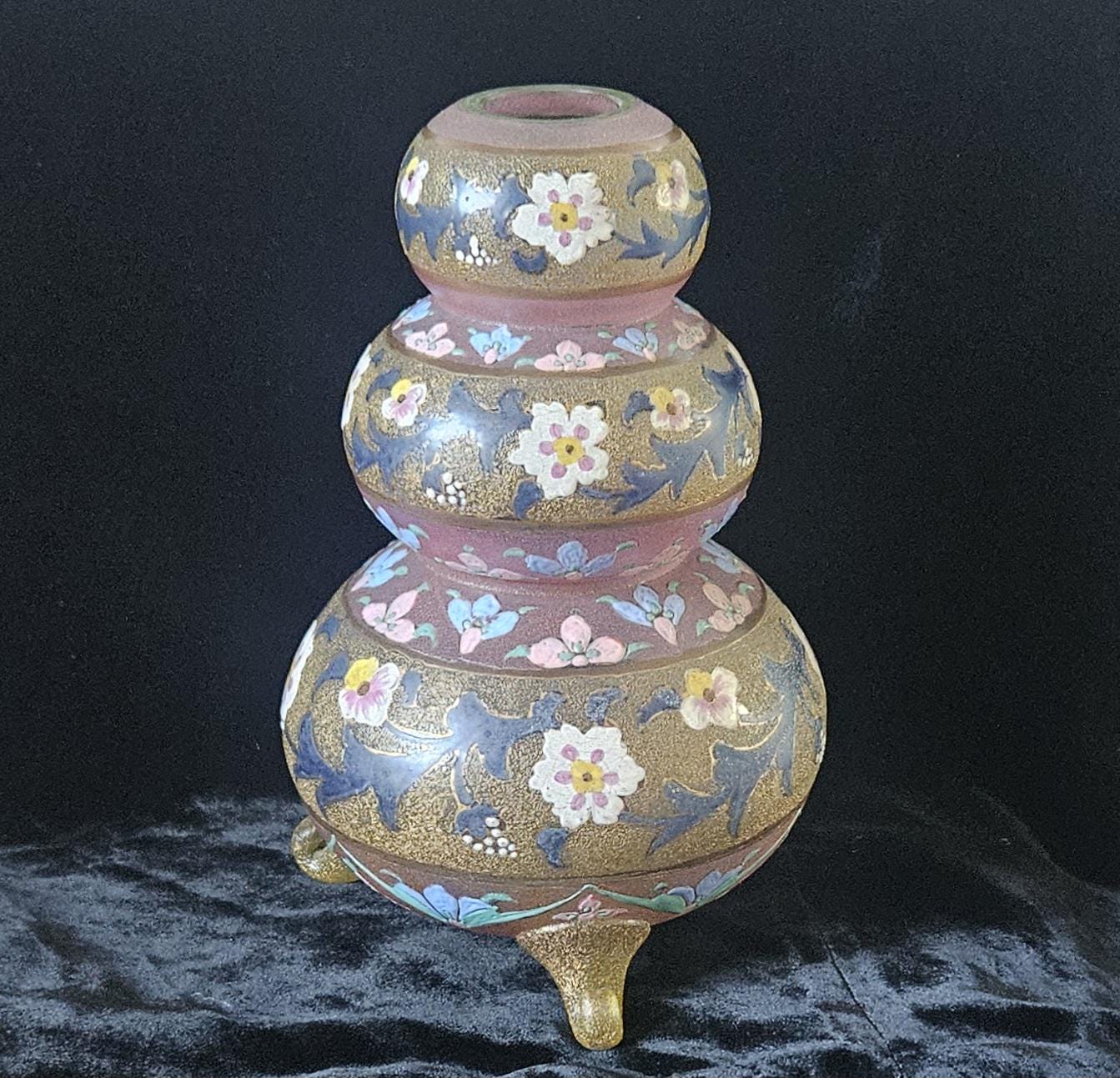 Antique Bohemian Glass Vase Pale Pink with Enamel Floral Design Flowers Rare 22cm Tall 1kg 35grams