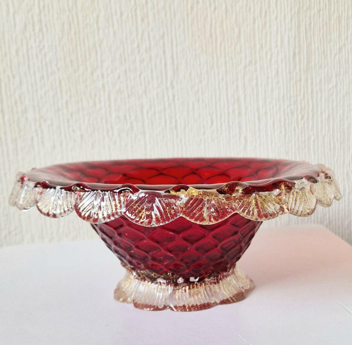 1960's Ruby Red & Gold Flecks Salviati Venetian Art Glass Pedestal Bowl