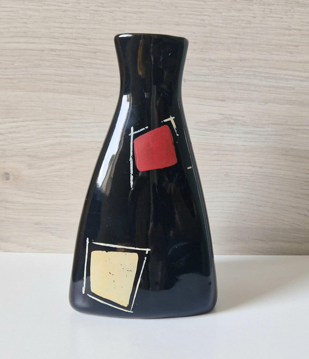 Mid Century West German Handpainted Tri-Form Abstract Black Ceramic Vase 18cm