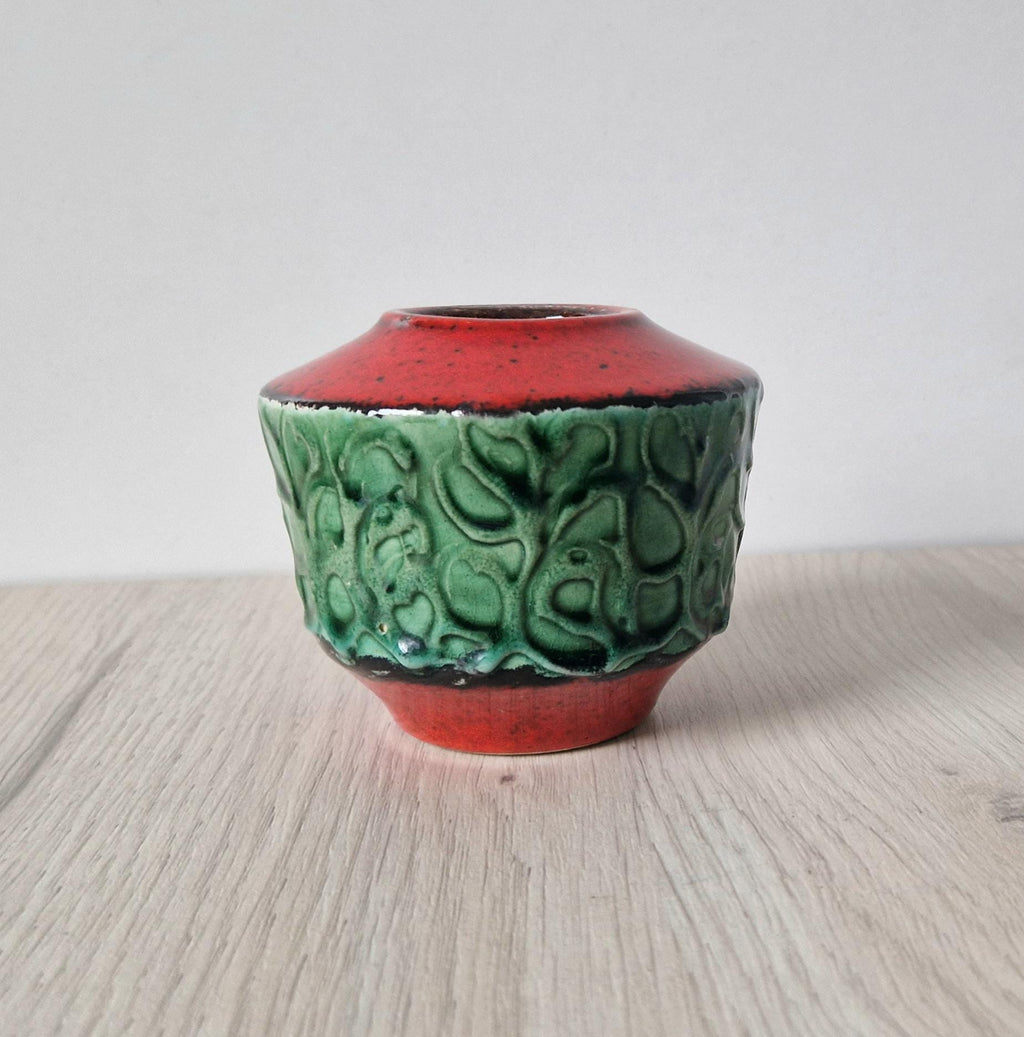 Mid-Century West German Green & Red Squat Fat Lava Vase 8cm