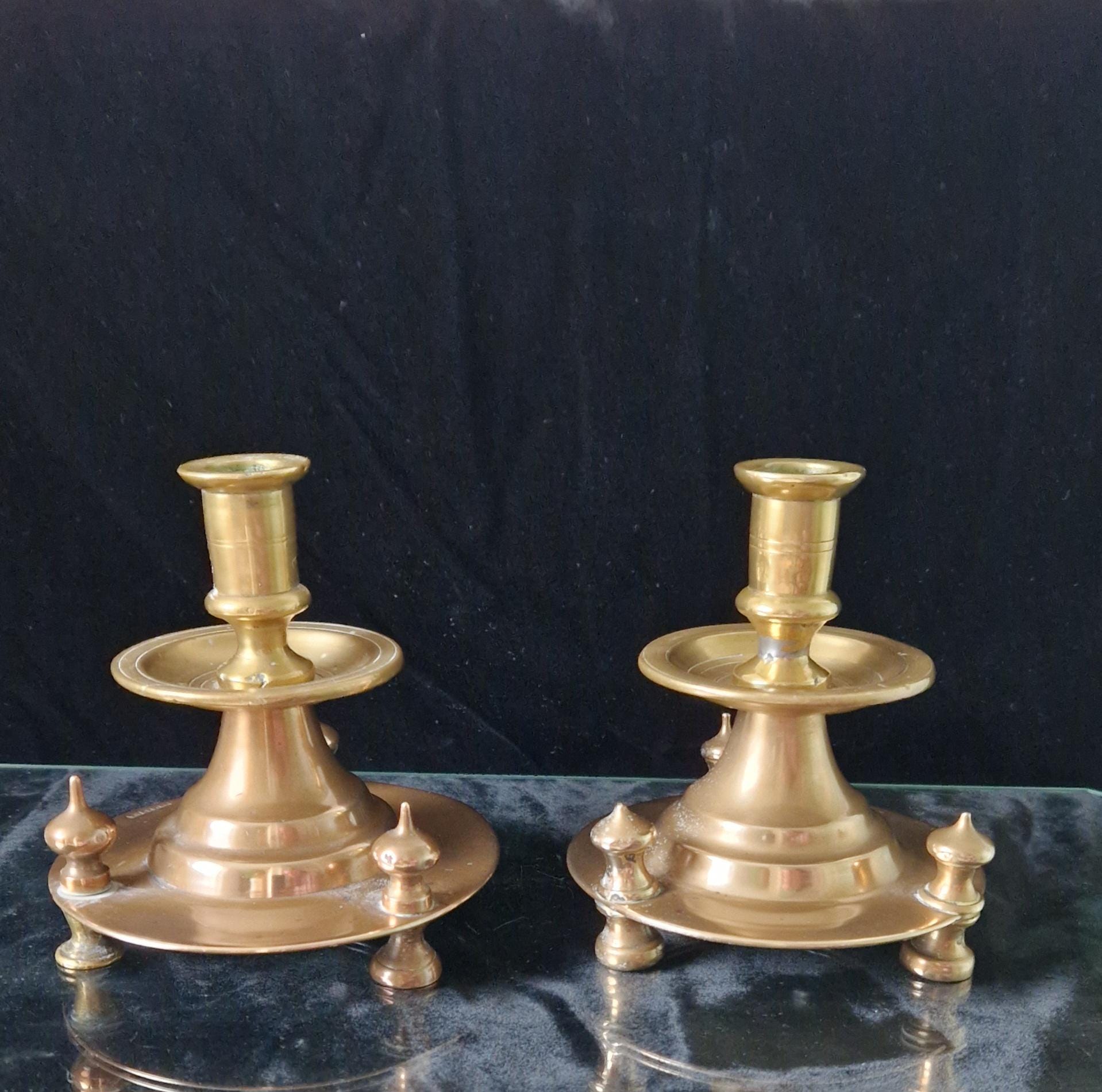 Pair of 19th Century Judin Signed Czarist Era Russian Bronzed Sabbath Bun Footed Capstan Candle Holders.