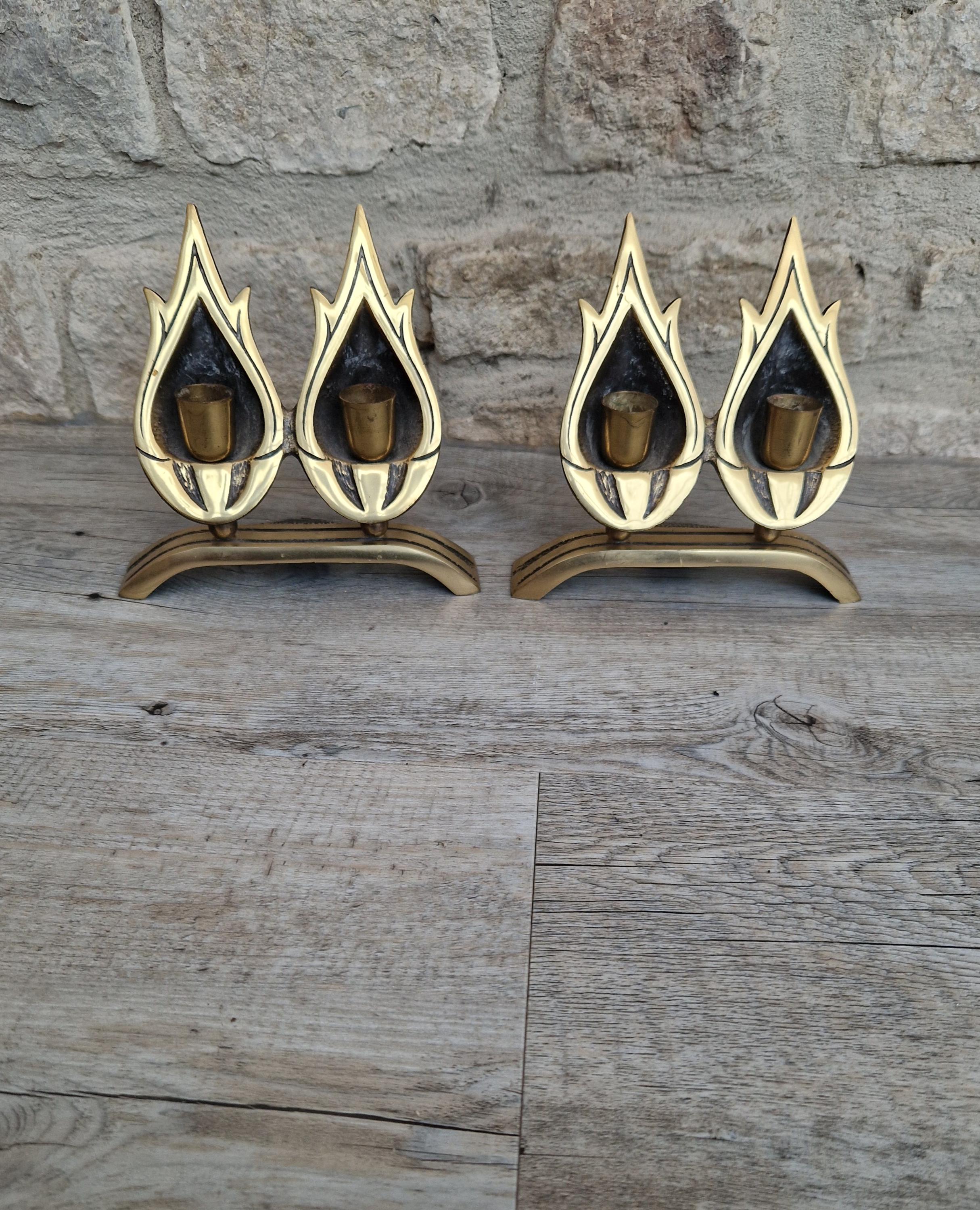A Pair of Vintage Judaica Sabbath Double Flame Brass Candlestick Holders by Hen-Holon