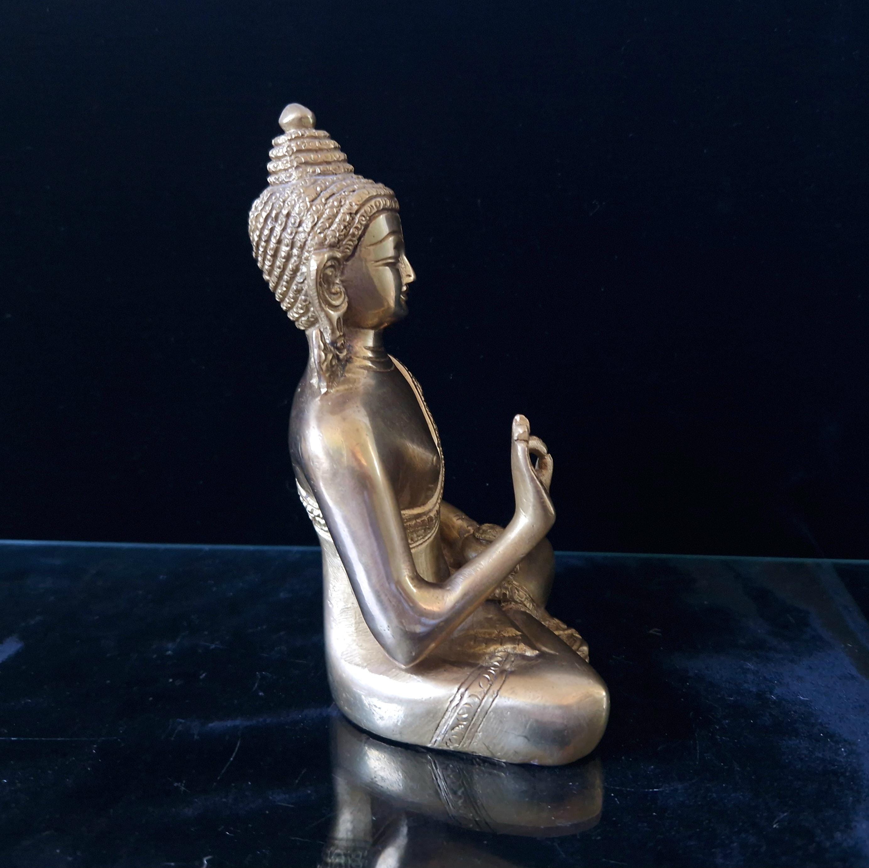 Vintage Heavy Cast Brass Seated Meditating Buddha Figure Vitarka Mudra Pose 6 inches