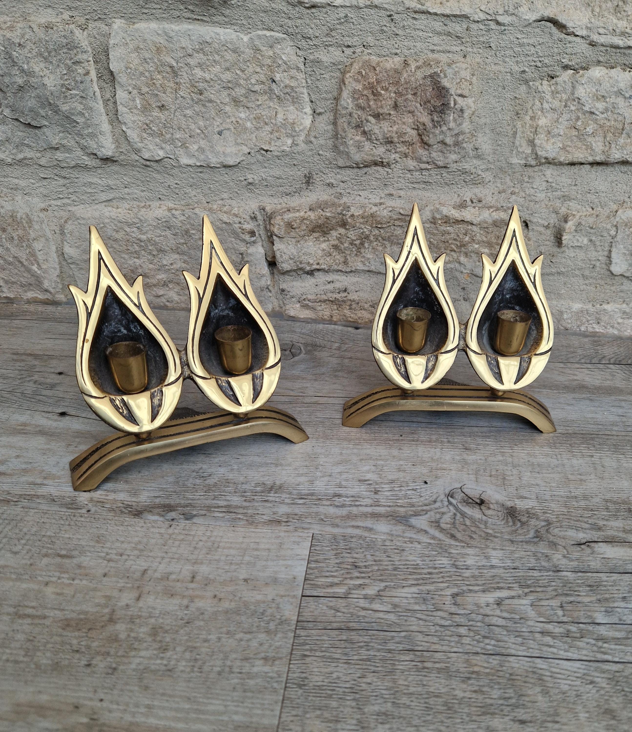 A Pair of Vintage Judaica Sabbath Double Flame Brass Candlestick Holders by Hen-Holon