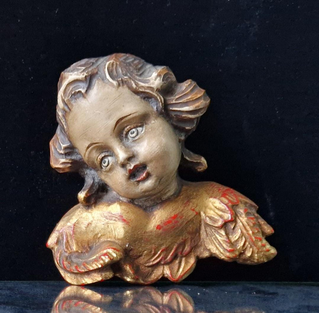 Antique Carved Polychrome Putti Cherub Bust Painted & Gilded Continental 19th C. Artwork