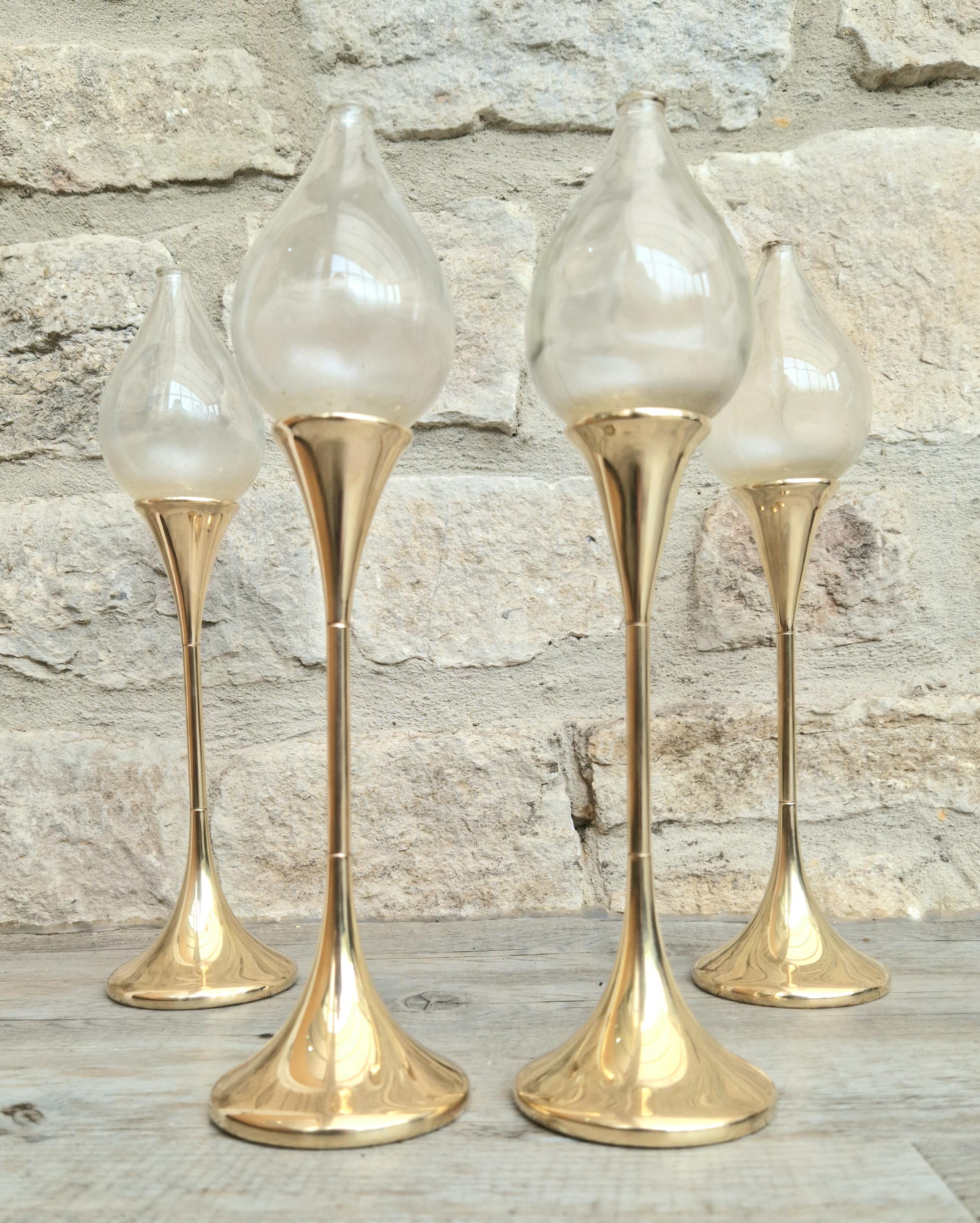 Vintage 4 x Large Brass Freddie Andersen Clear Drop Oil Lamps Germany 1970