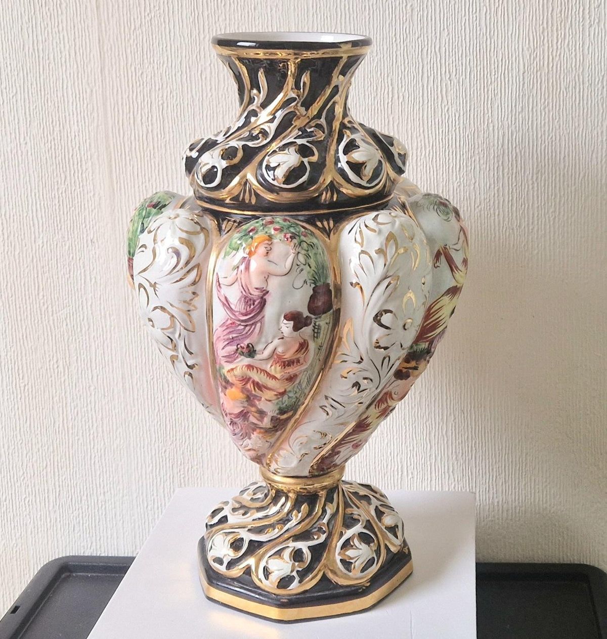 Vintage Italian Majolica Vase: Large Handpainted Figural Ceramic, 40cm Tall