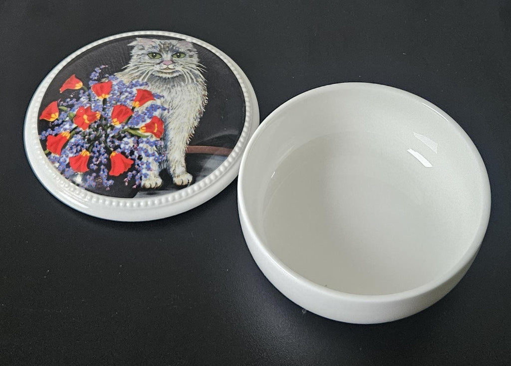 Vintage Villeroy Boch Cat Trinket Pot: Fluffy Grey Cat, Red Flowers