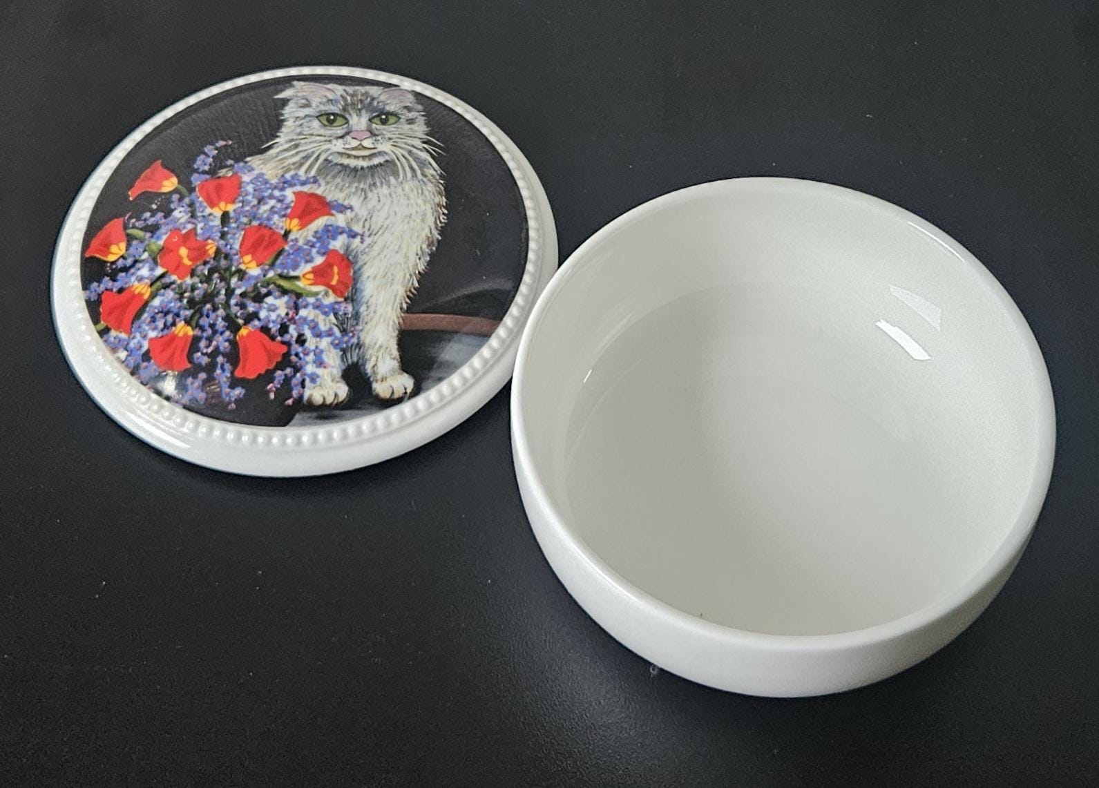 Vintage Villeroy Boch Cat Trinket Pot: Fluffy Grey Cat, Red Flowers
