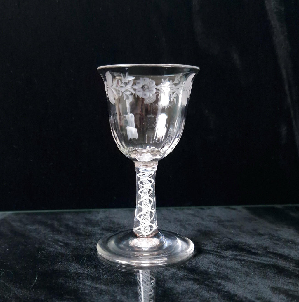 18th Century Jacobite Engraved Flute Moulded Double Series Airtwist Stem Cordial Liquor Glass