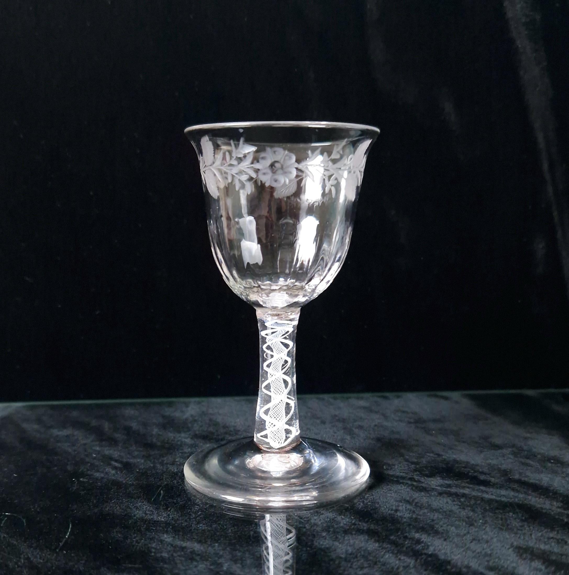 18th Century Jacobean Engraved Flute Moulded Double Series Airtwist Stem Cordial Liquor Glass