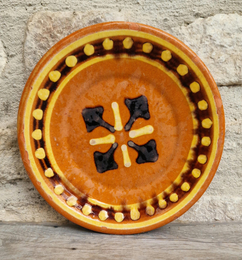 Vintage French Rustic BIOT Ceramic Double Cross Motif Dessert Plate