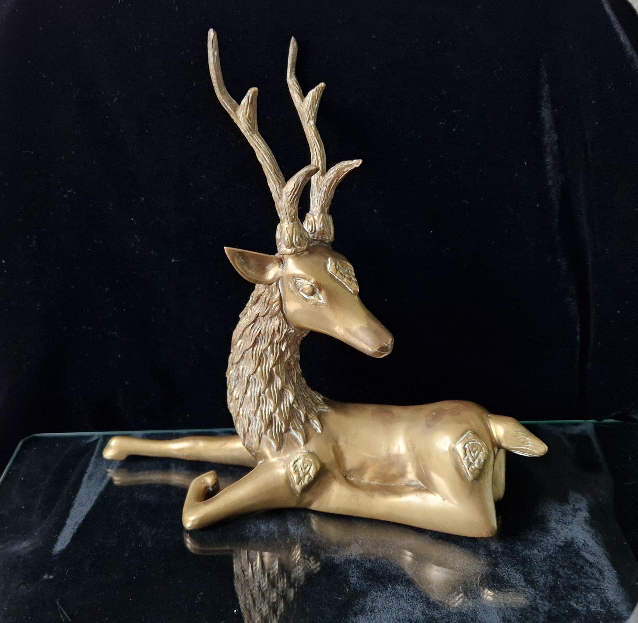 Vintage Heavy Brass Recumbant Deer Art Sculpture a la Sarreid Design Desk Ornament 1970's