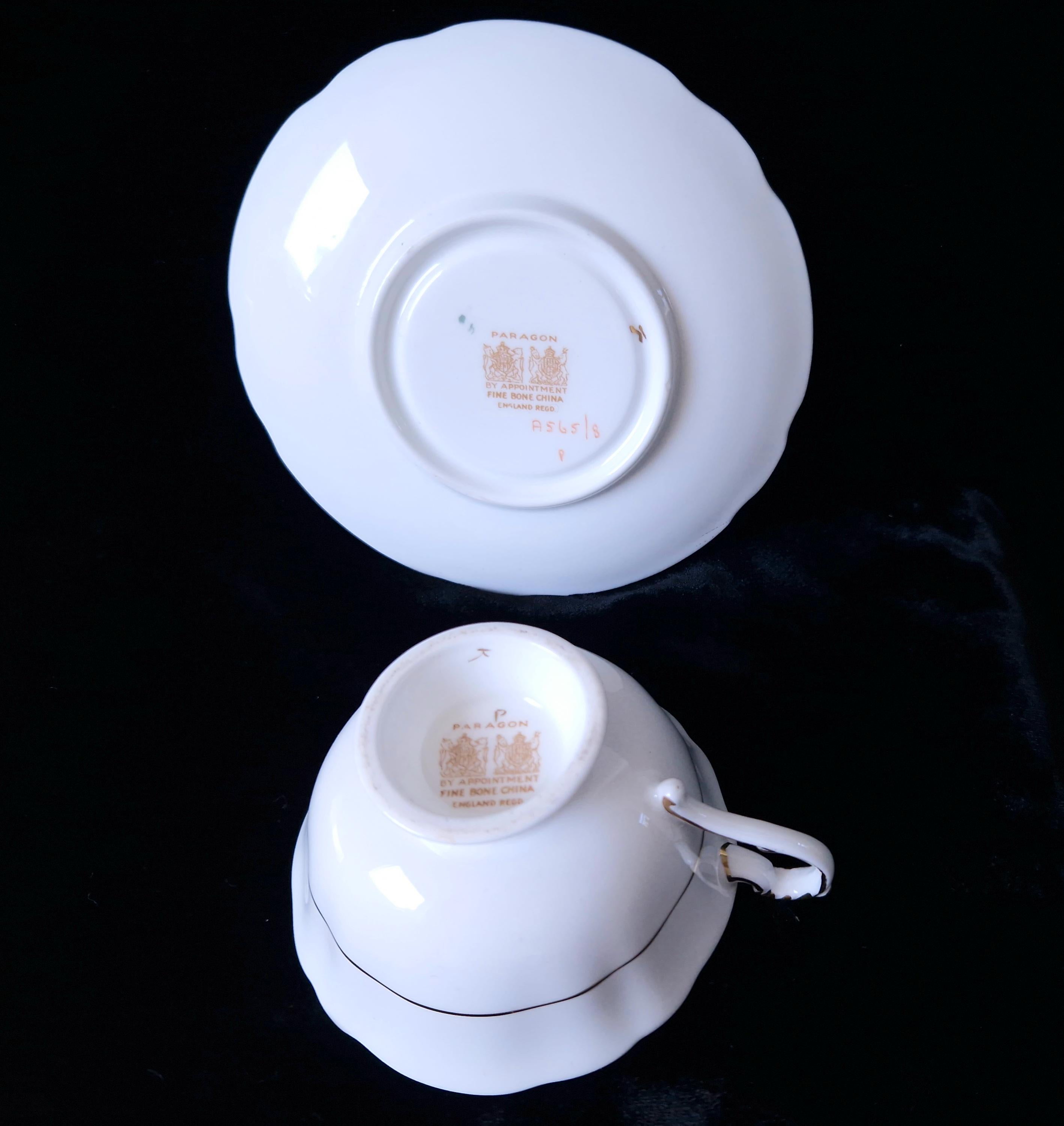 Paragon Mint Green Cabbage Rose Tea Cup & Saucer Set (4) Vintage Gold Gilt China