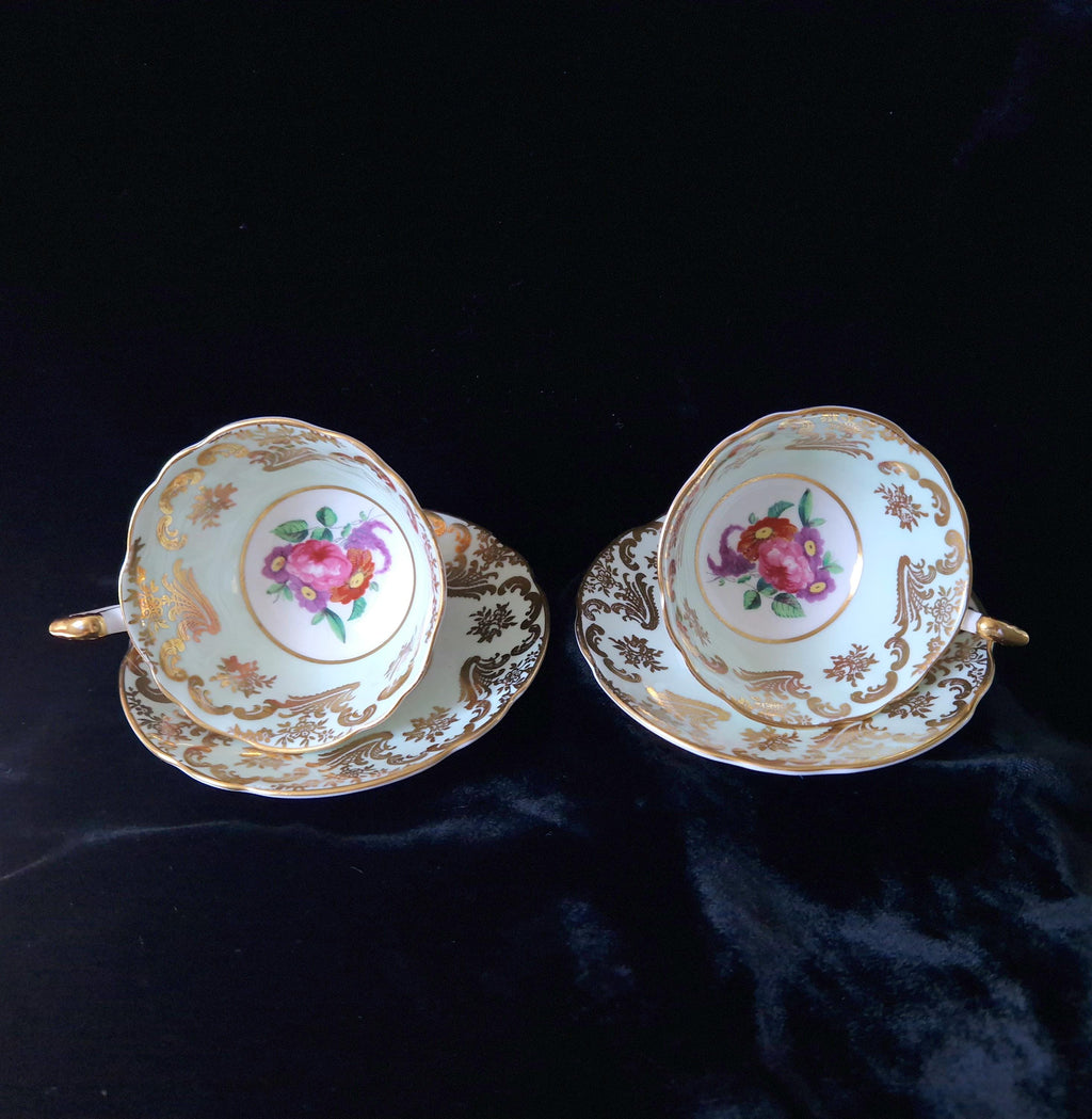 Paragon Mint Green Cabbage Rose Tea Cup & Saucer Set (4) Vintage Gold Gilt China