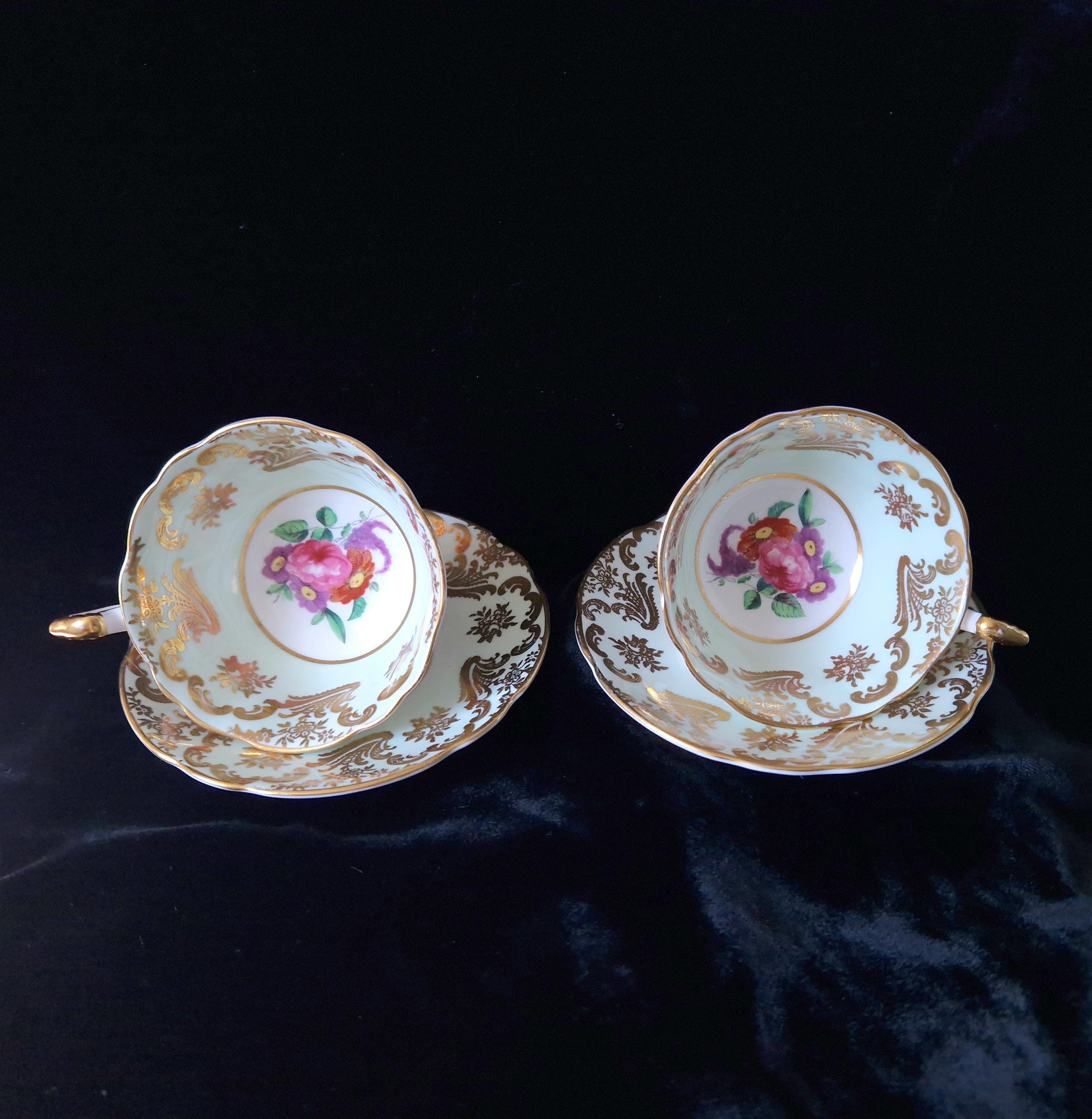 Paragon Mint Green Cabbage Rose Tea Cup & Saucer Set (4) Vintage Gold Gilt China
