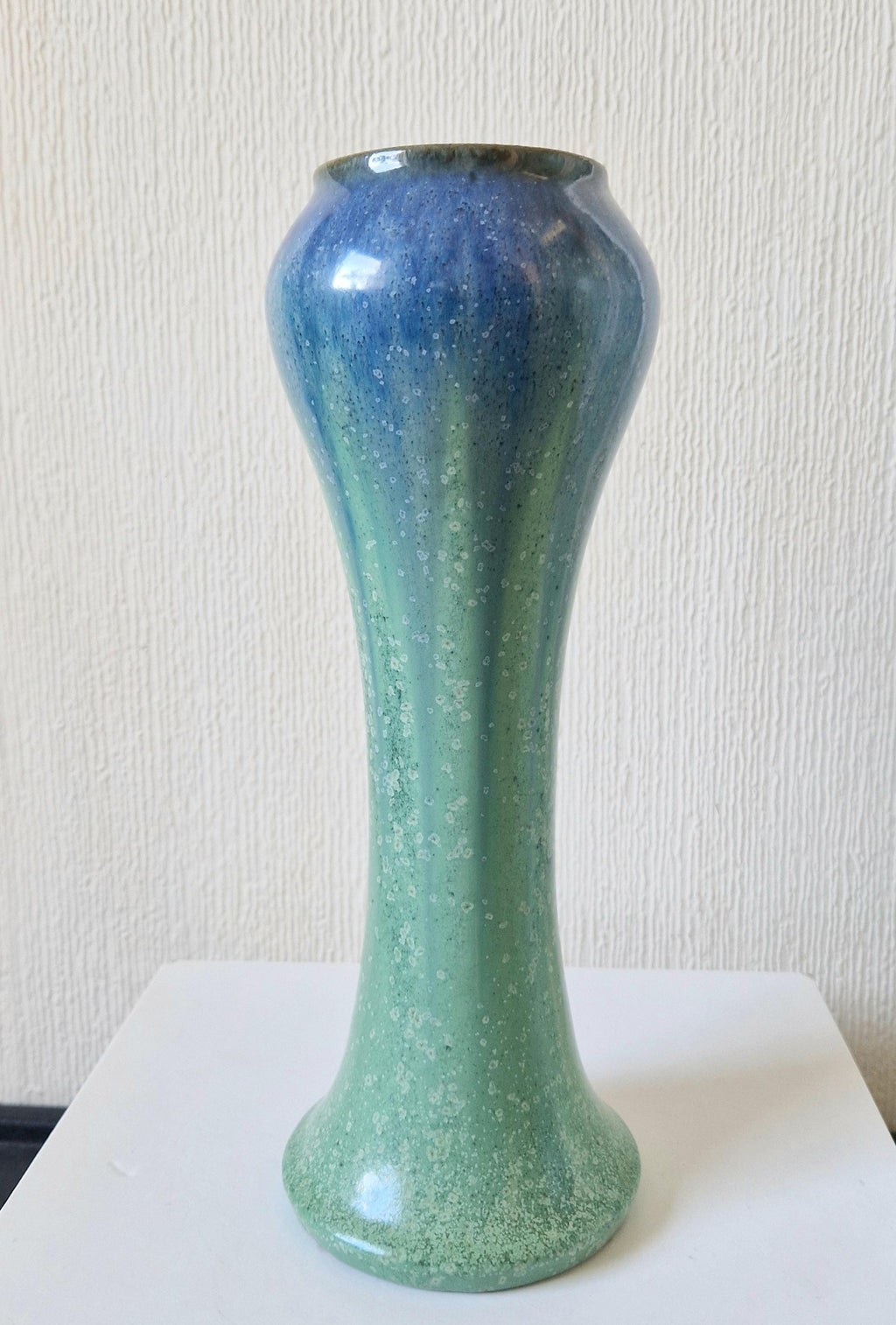 Antique Art Nouveau Tall Inverted Baluster Blue Green Glaze Ceramic Vase 27cm