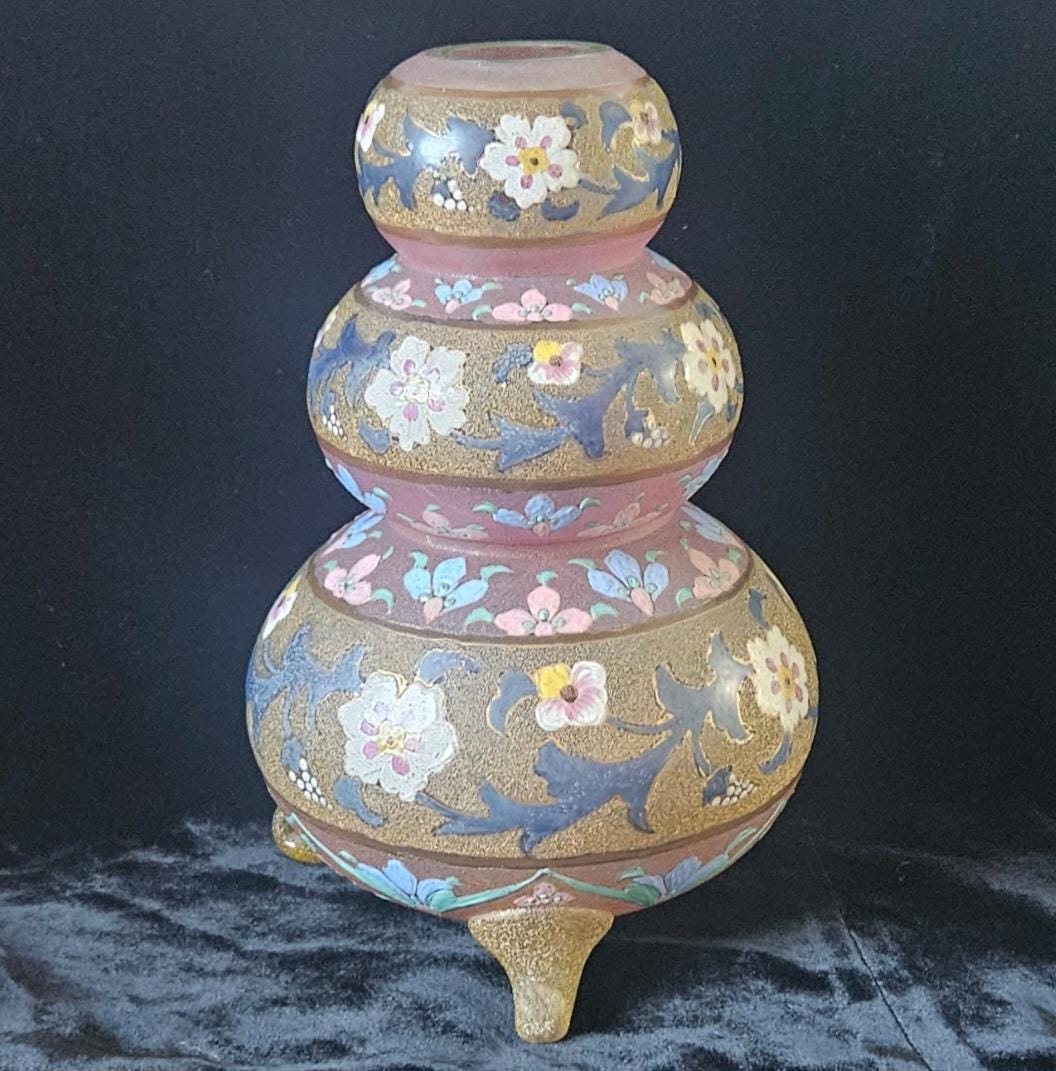 Antique Bohemian Glass Vase Pale Pink with Enamel Floral Design Flowers Rare 22cm Tall 1kg 35grams