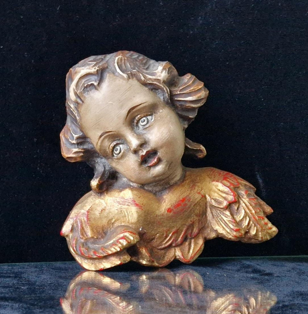 Antique Carved Polychrome Putti Cherub Bust Painted & Gilded Continental 19th C. Artwork