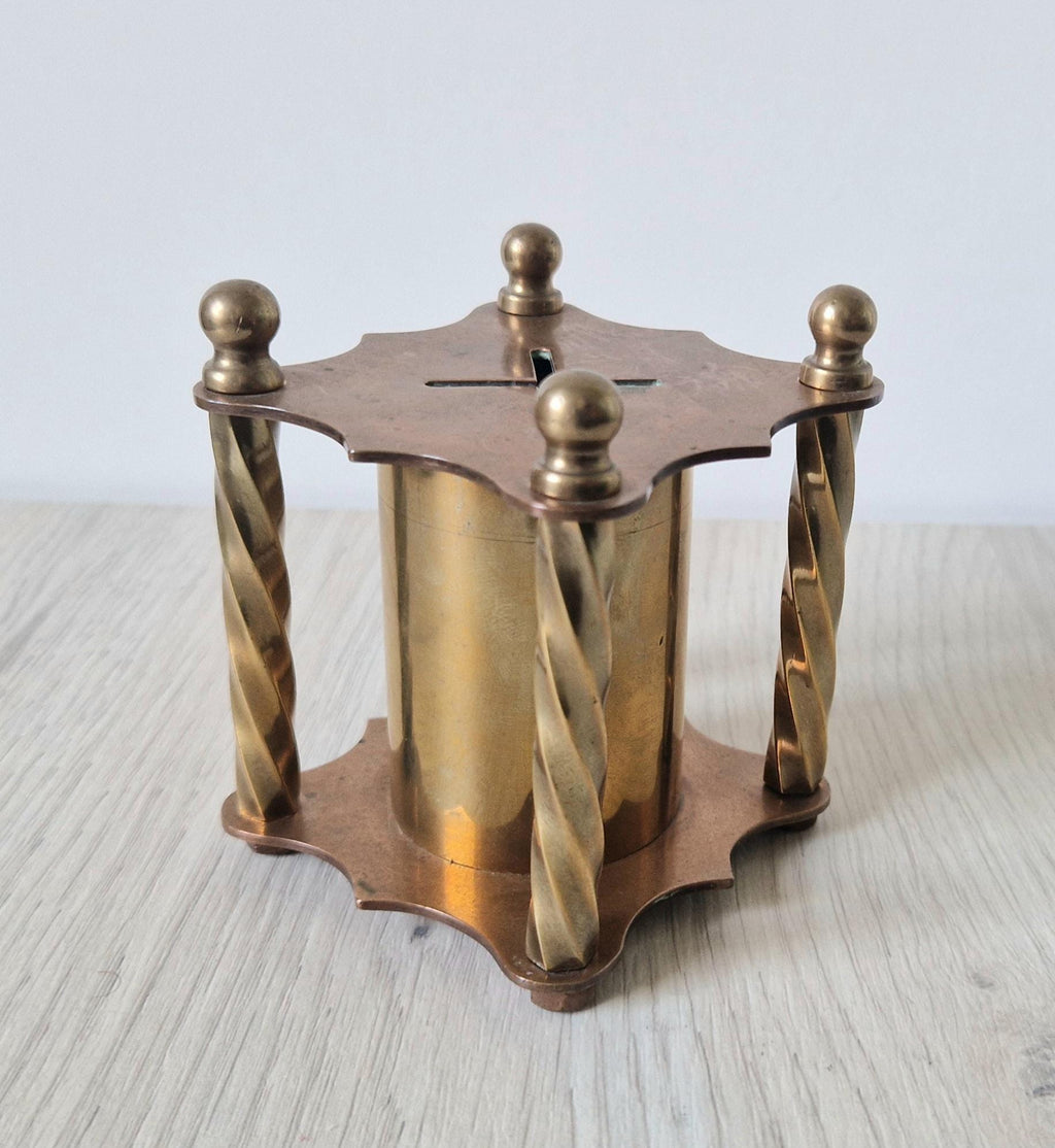 Rare Arts & Crafts Copper And Brass Folk Art Twisted Pillar Desk Money Box