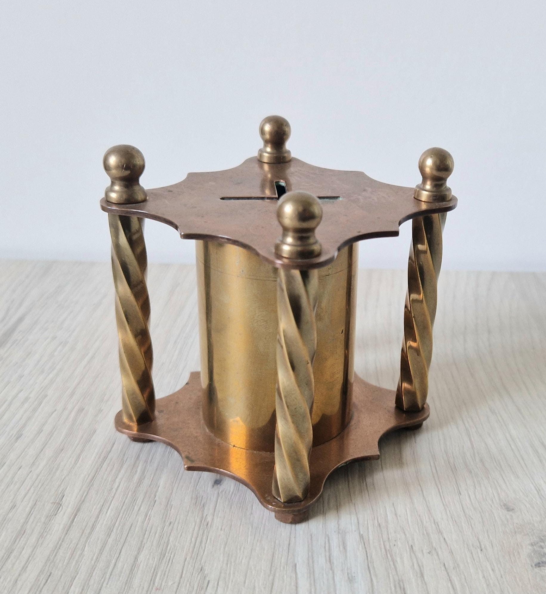 Rare Arts & Crafts Copper And Brass Folk Art Twisted Pillar Desk Money Box