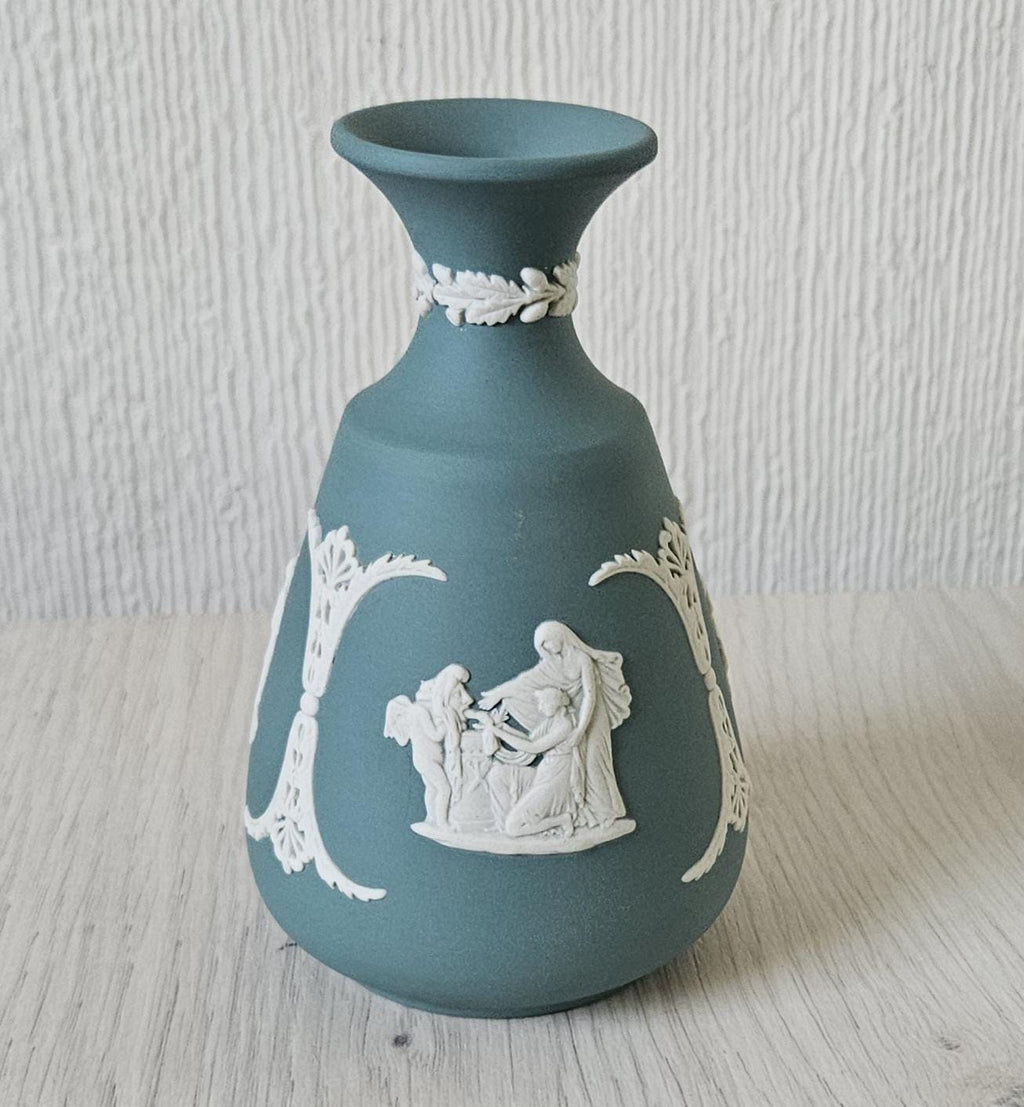 Vintage Teal Green Wedgwood Jasperware Bud Vase 5" Tall Rare