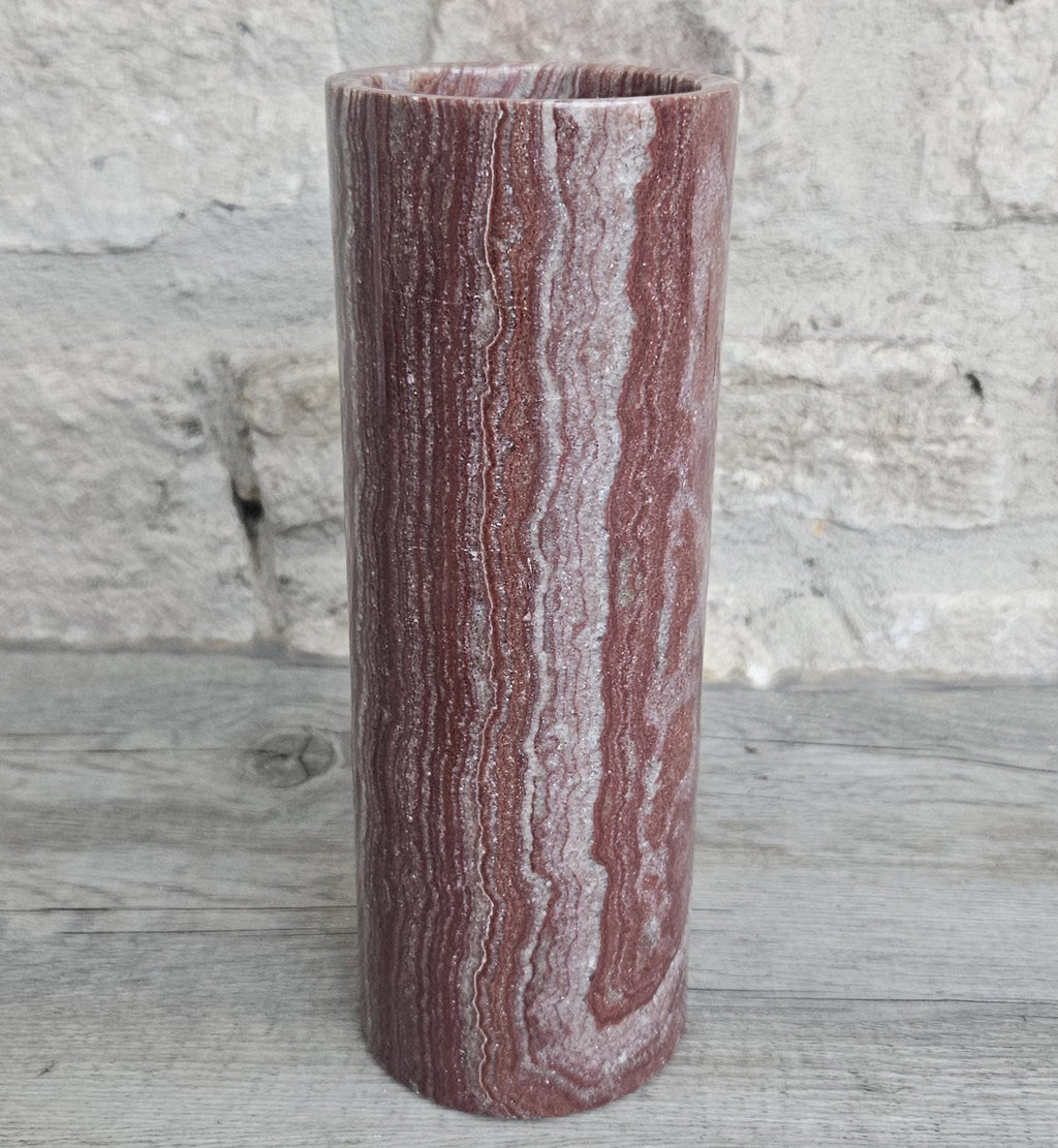 Vintage Red Onyx Marble Vase Cylinder Shape 19.5cm Tall