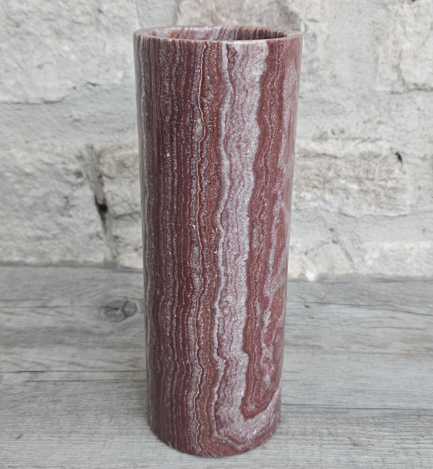 Vintage Red Onyx Marble Vase Cylinder Shape 19.5cm Tall