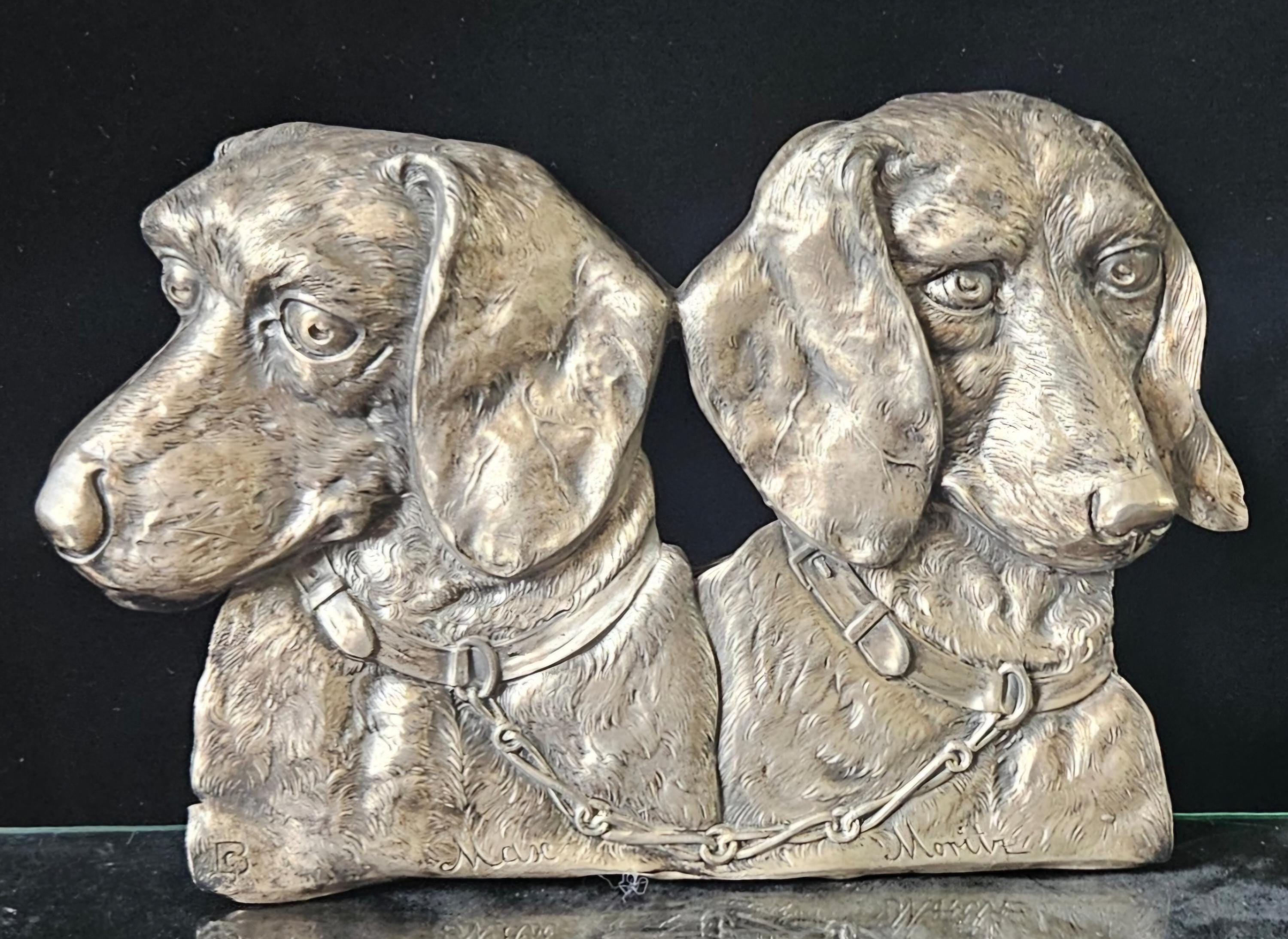 Art Nouveau Metal Relief Wall Plaque Two Dachshund Dogs 24cm X 17cm