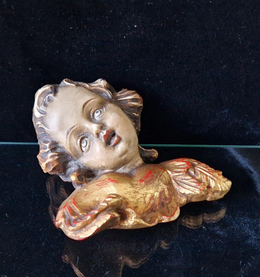Antique Carved Polychrome Putti Cherub Bust Painted & Gilded Continental 19th C. Artwork