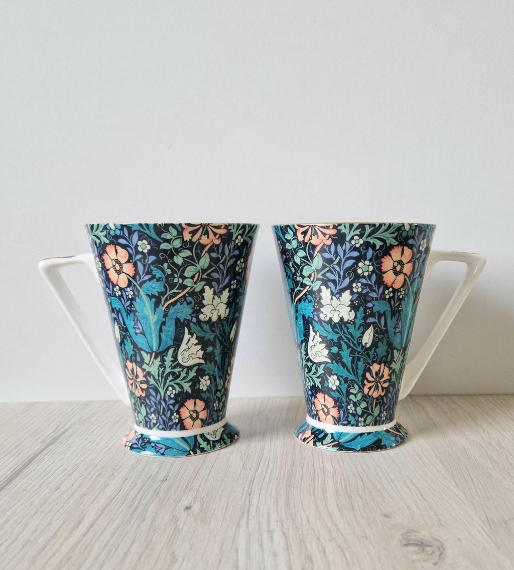 2 x Morris & Co Queens Compton Floral Art Deco Footed Bone China Coffee Mugs