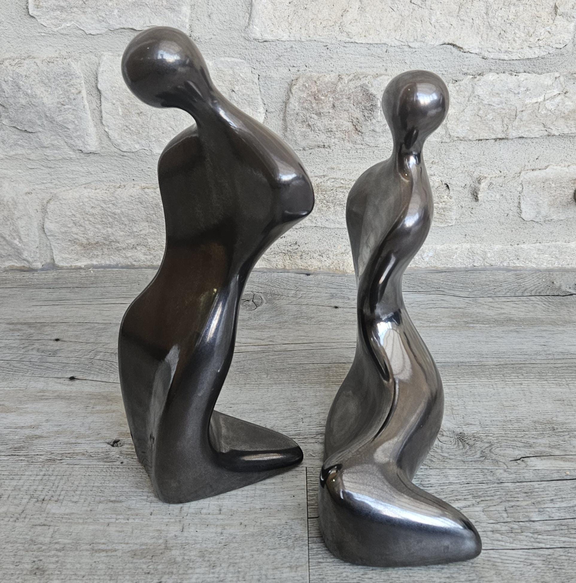 Vintage Tall Large Abstract Couple Figures Ceramic Metallic Finish 32 and 28cm Tall