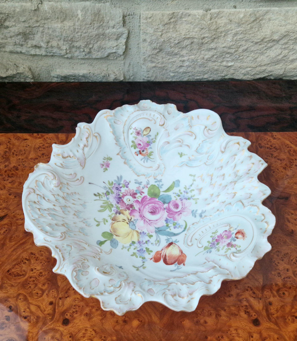 Antique Large 19th C. Dresden Ruffled Edge Rococo Style Floral Gilded Centrepiece Serving Bowl