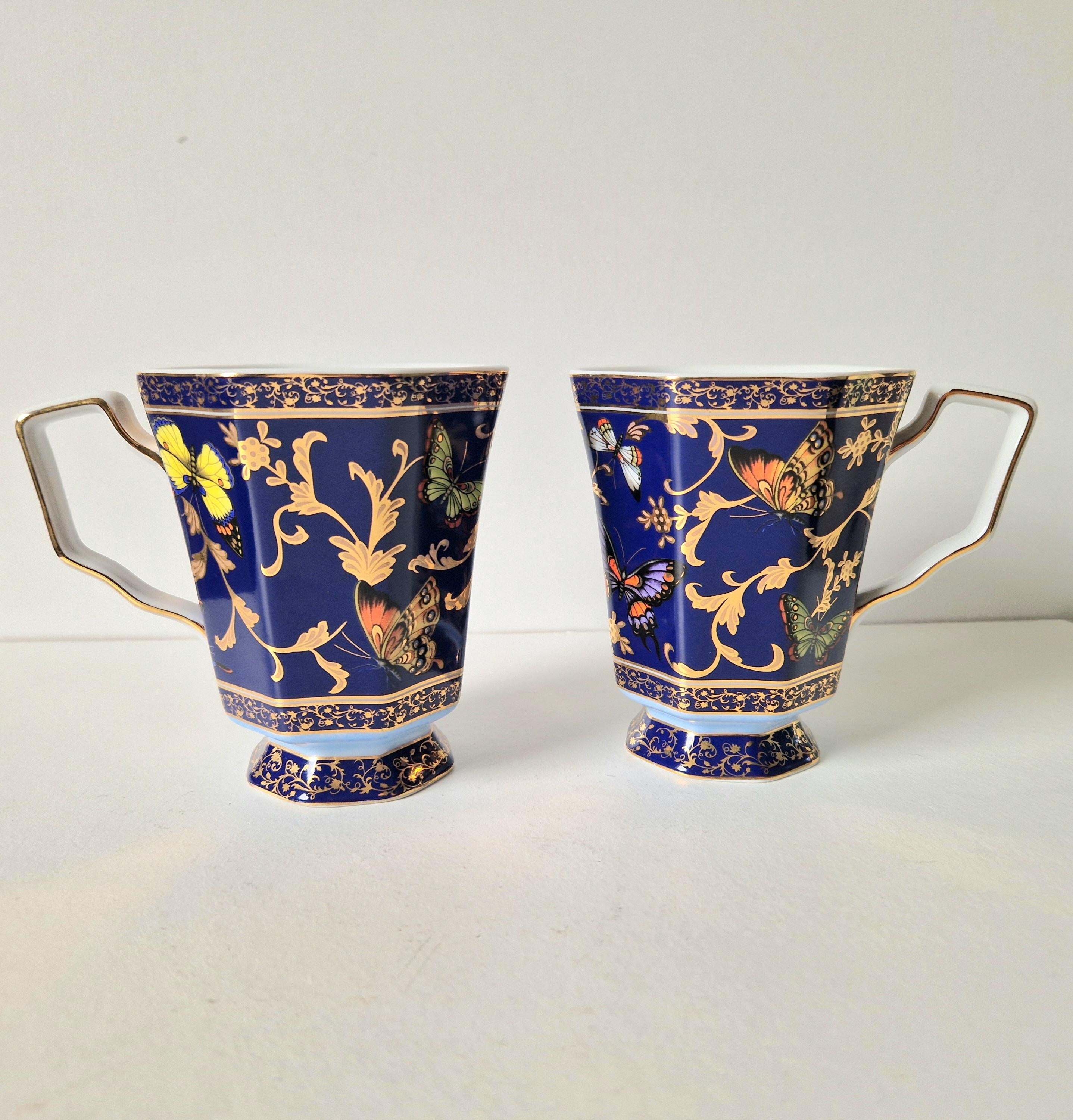 Vintage Butterfly Mugs Past Times Dark Blue & Gold, Set of 2