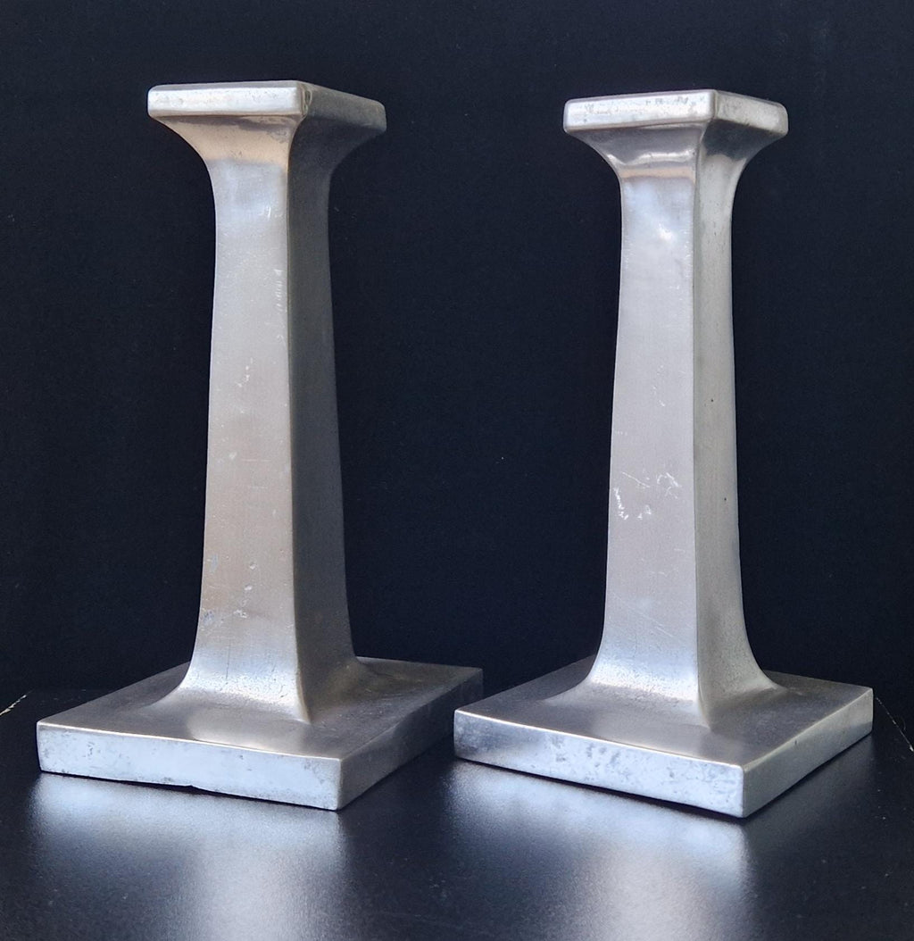 Pair of Solid Cast Aluminium Arts & Crafts Geometric Column Candlestick Holders