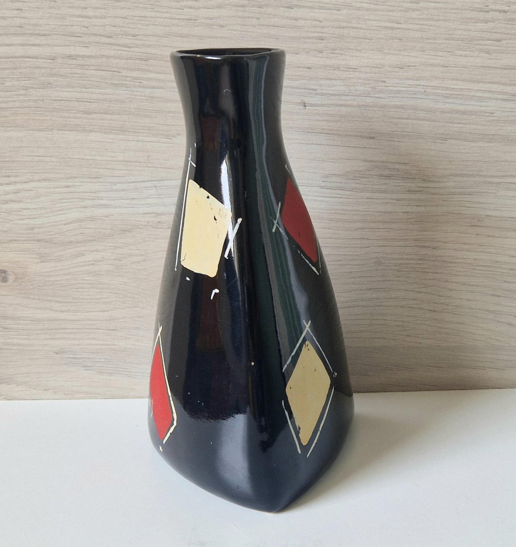 Mid Century West German Handpainted Tri-Form Abstract Black Ceramic Vase 18cm
