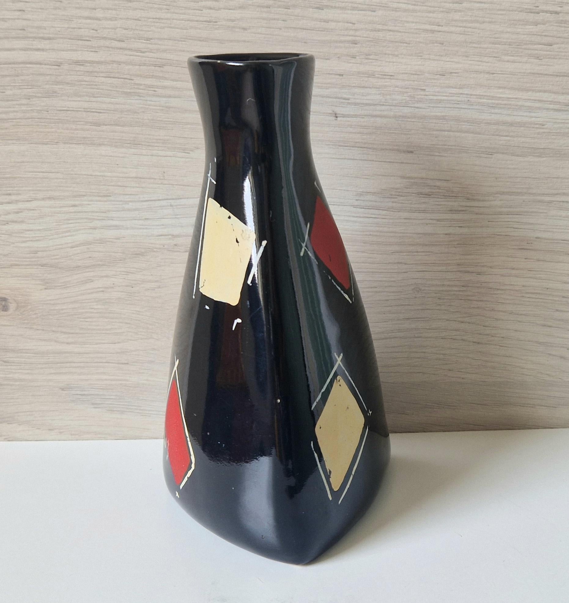 Mid Century West German Handpainted Tri-Form Abstract Black Ceramic Vase 18cm