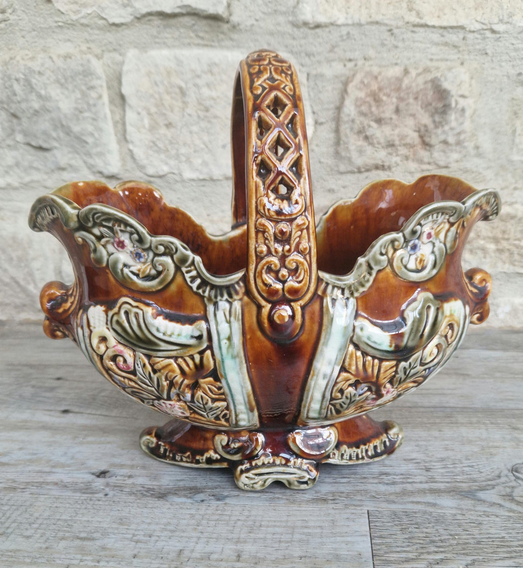Antique Large Majolica Treacle Glaze Basket Planter Vase