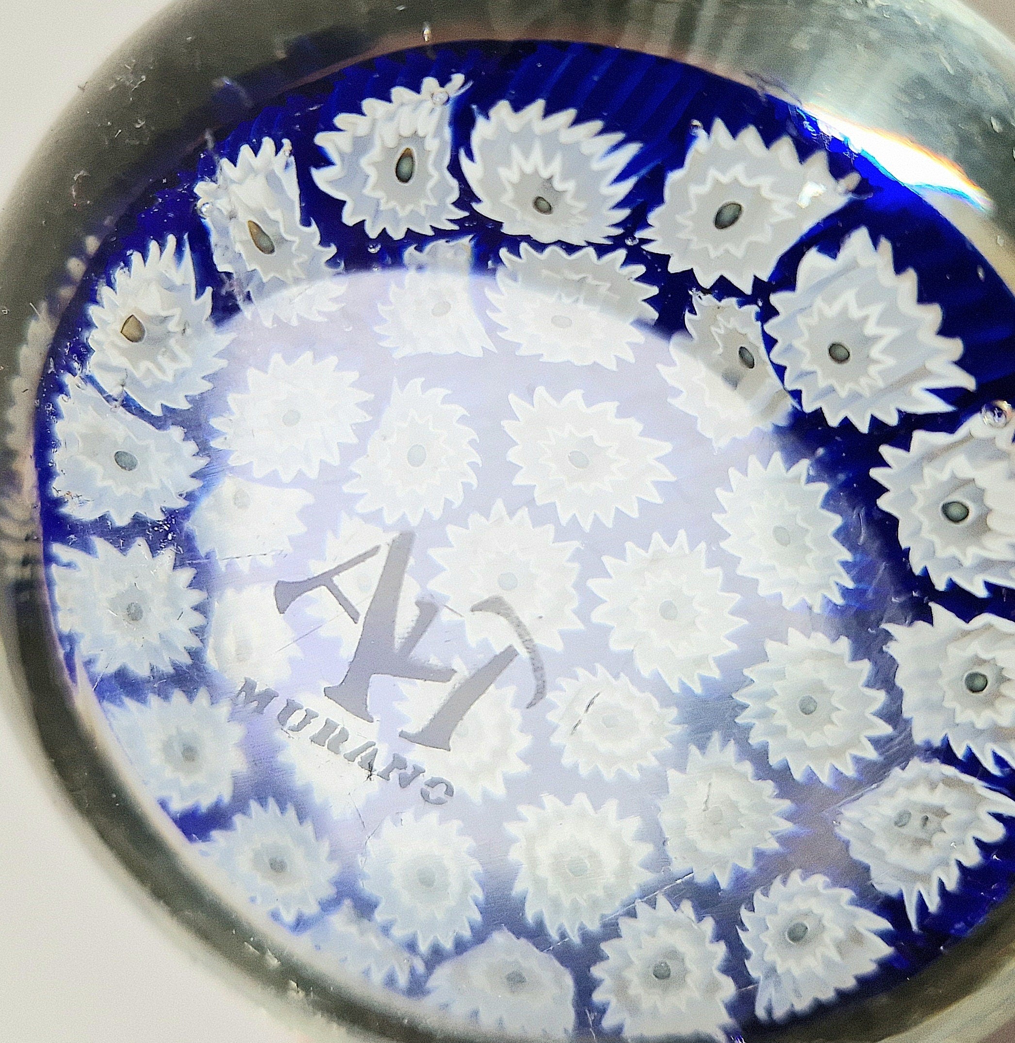 ALT Studio Murano Glass Deep Blue & White Star Flower Millifiore Paperweight