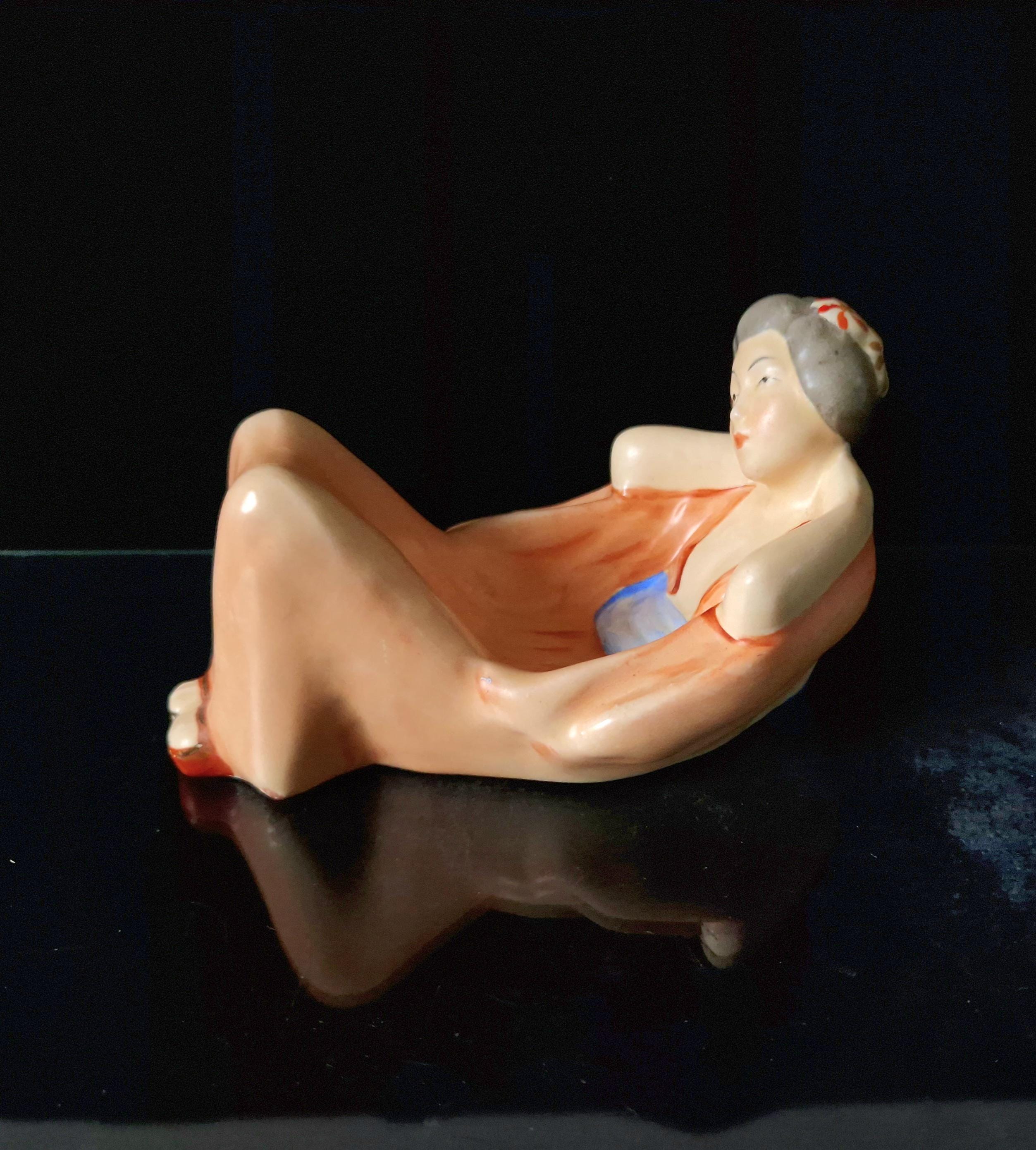 Vintage Czechoslovakian Hand Painted Ceramic Lying Geisha Figural Dish