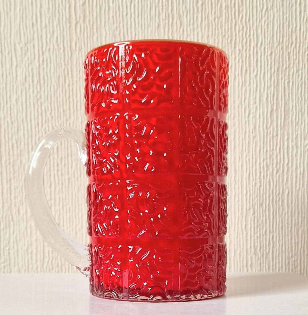 Large Bright Red Textured Cased Glass Tankard Rare Mid-Century Vintage Heavy Glass