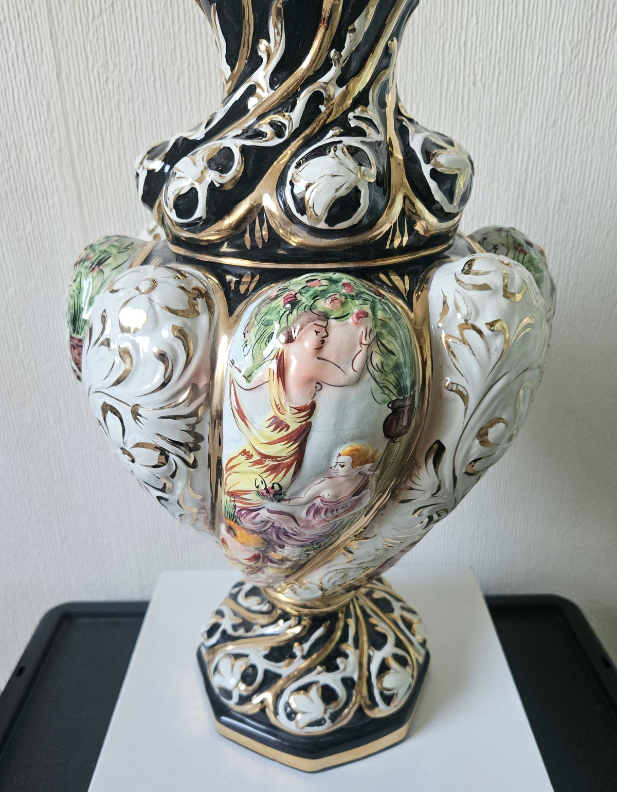 Vintage Italian Majolica Vase: Large Handpainted Figural Ceramic, 40cm Tall