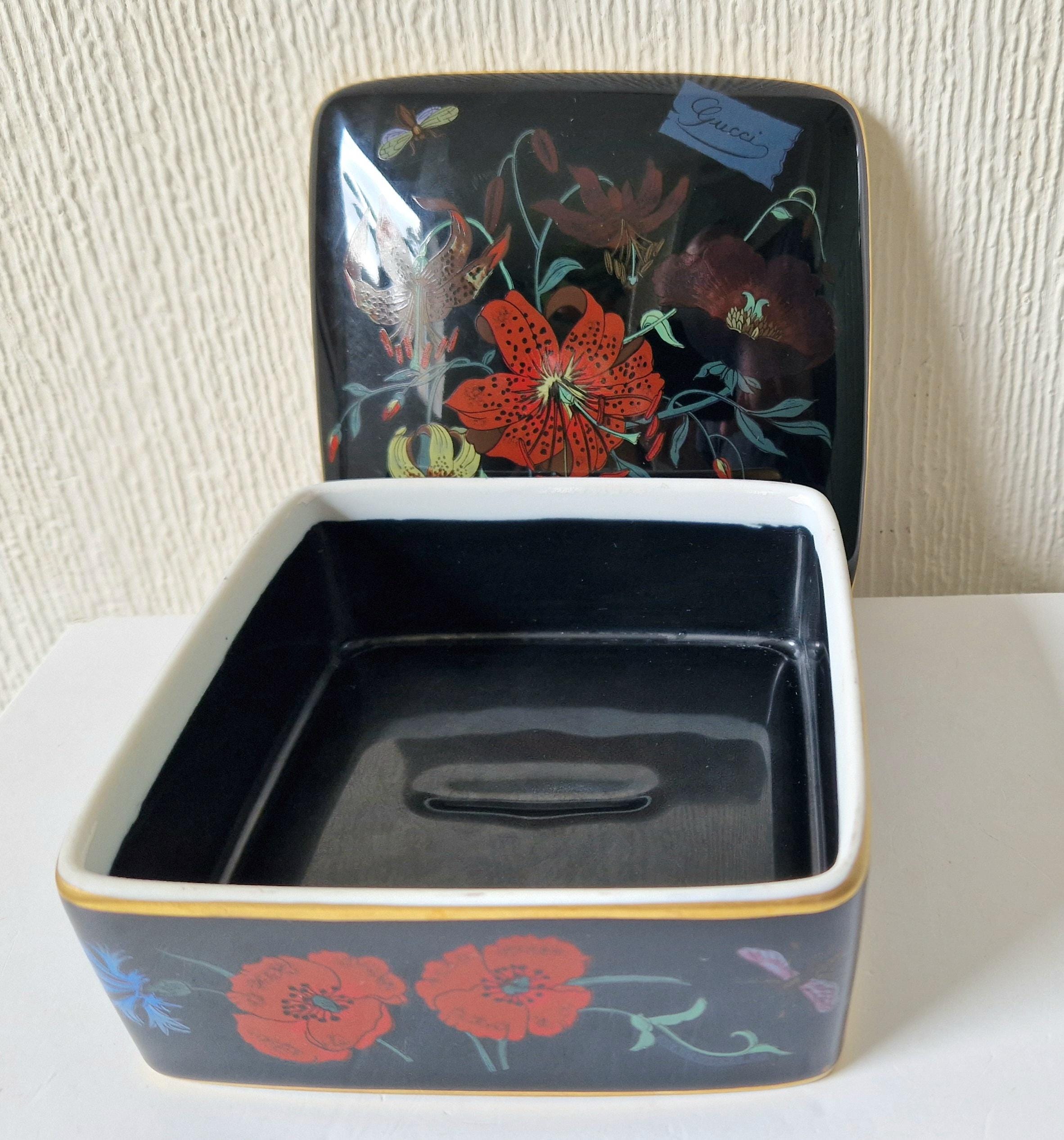 Vintage 1970's Bernardaud Gucci Limoges Porcelain Box in "Flora Noir" Print By The Artist Vittorio Accornero. Very Rare. Mint Condition.