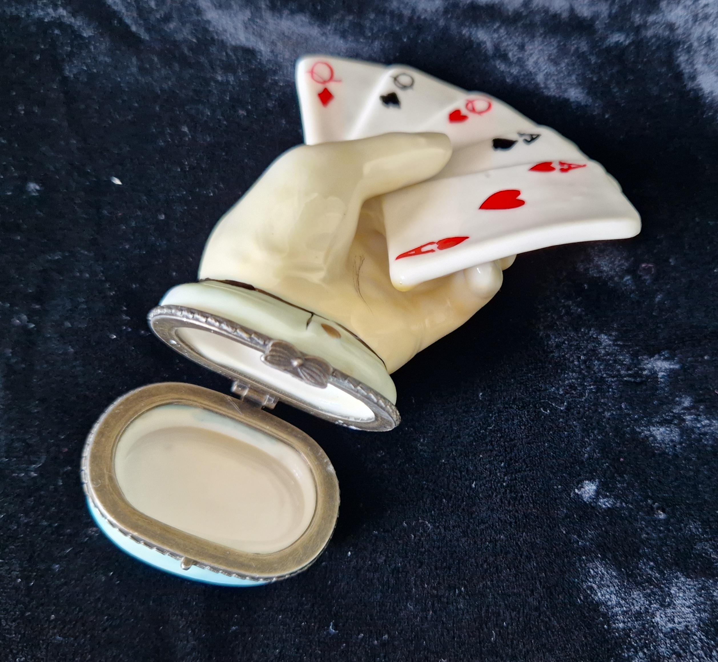 Vintage Rare Limoges Ceramic Poker Hand Full House Card Trinket Pill Box Casino