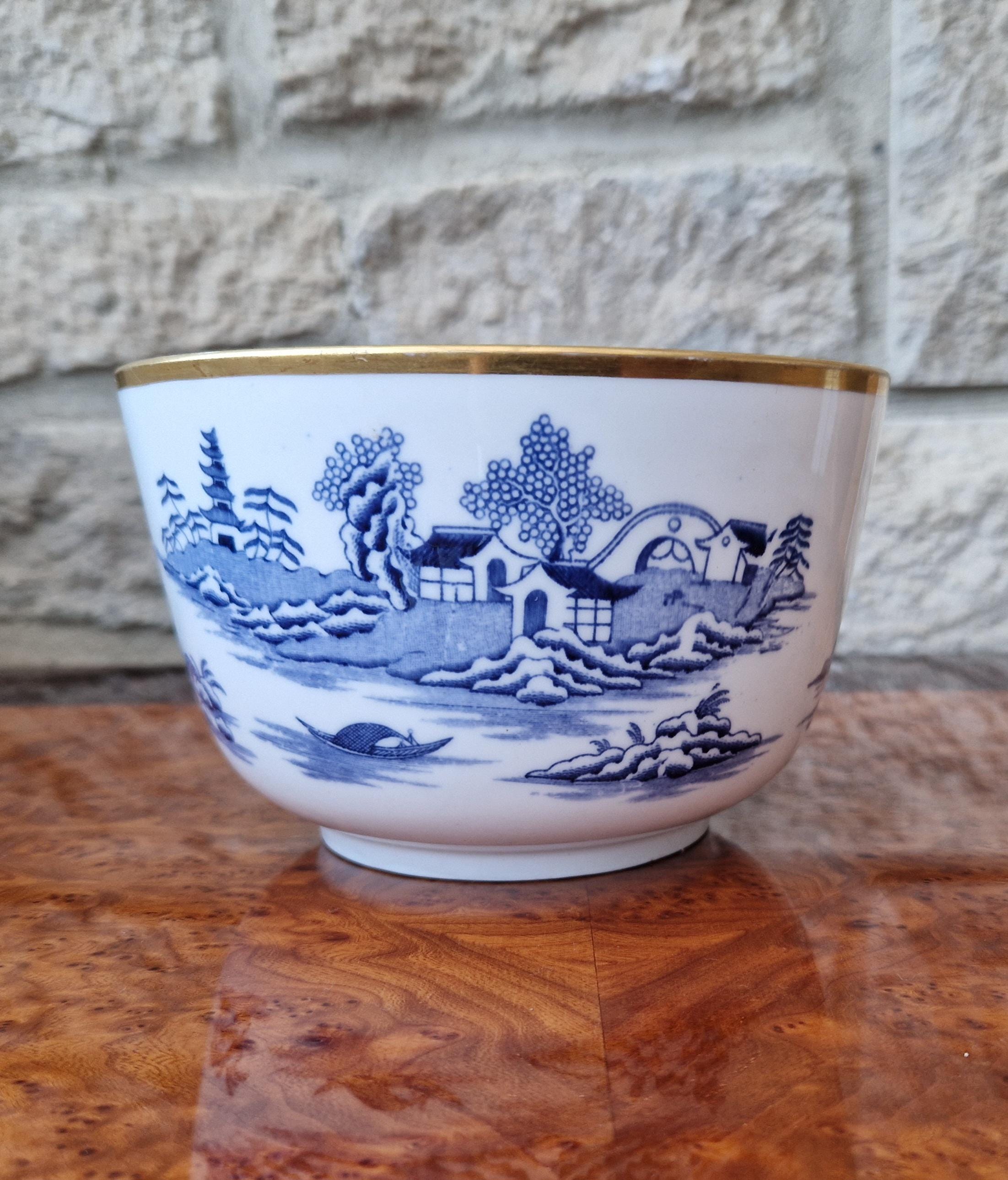 Davenport Longport England Blue & White Gilt Two Temples Porcelain Slop Bowl c.1870-1886