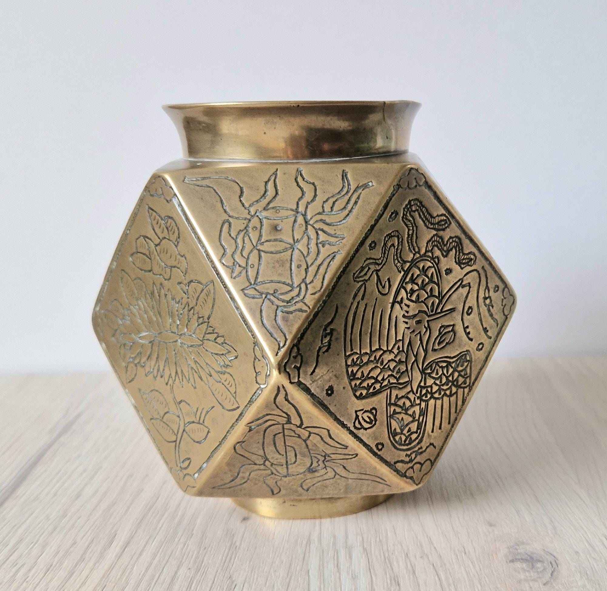 Antique Japanese Tetradecahedron Gilt Bronze Vase 14cm