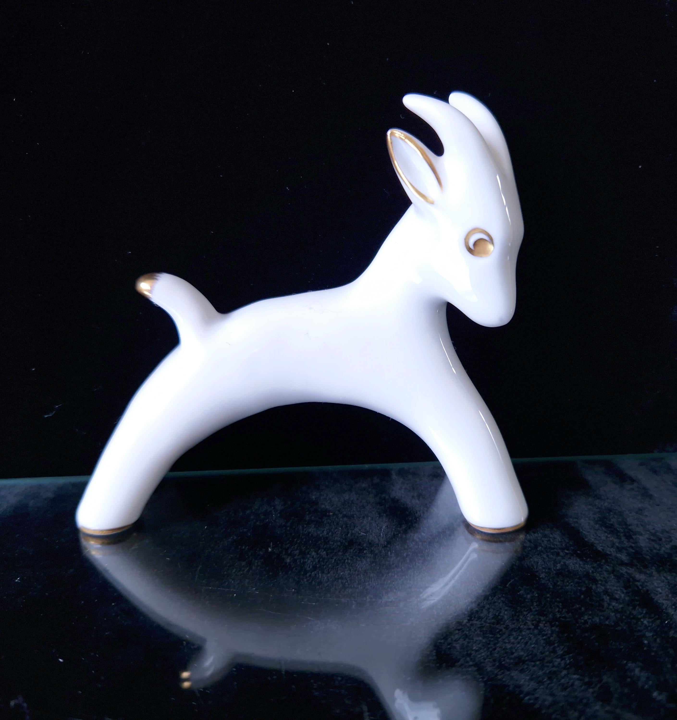 Vintage Fein Bayreuth Sophienthal Germany White & Gold Ram Figurine Abstract Pattern Rare